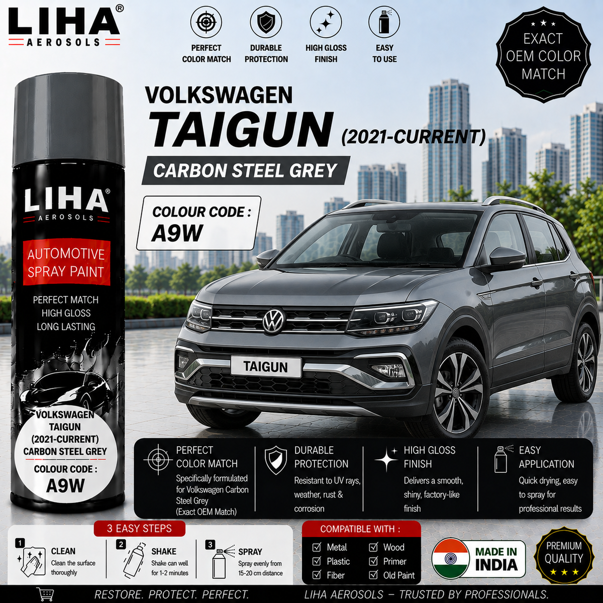 Volkswagen Taigun Carbon Steel Grey Touch Up Spray Paint – OEM Color Match | LIHA Aerosols 500ml