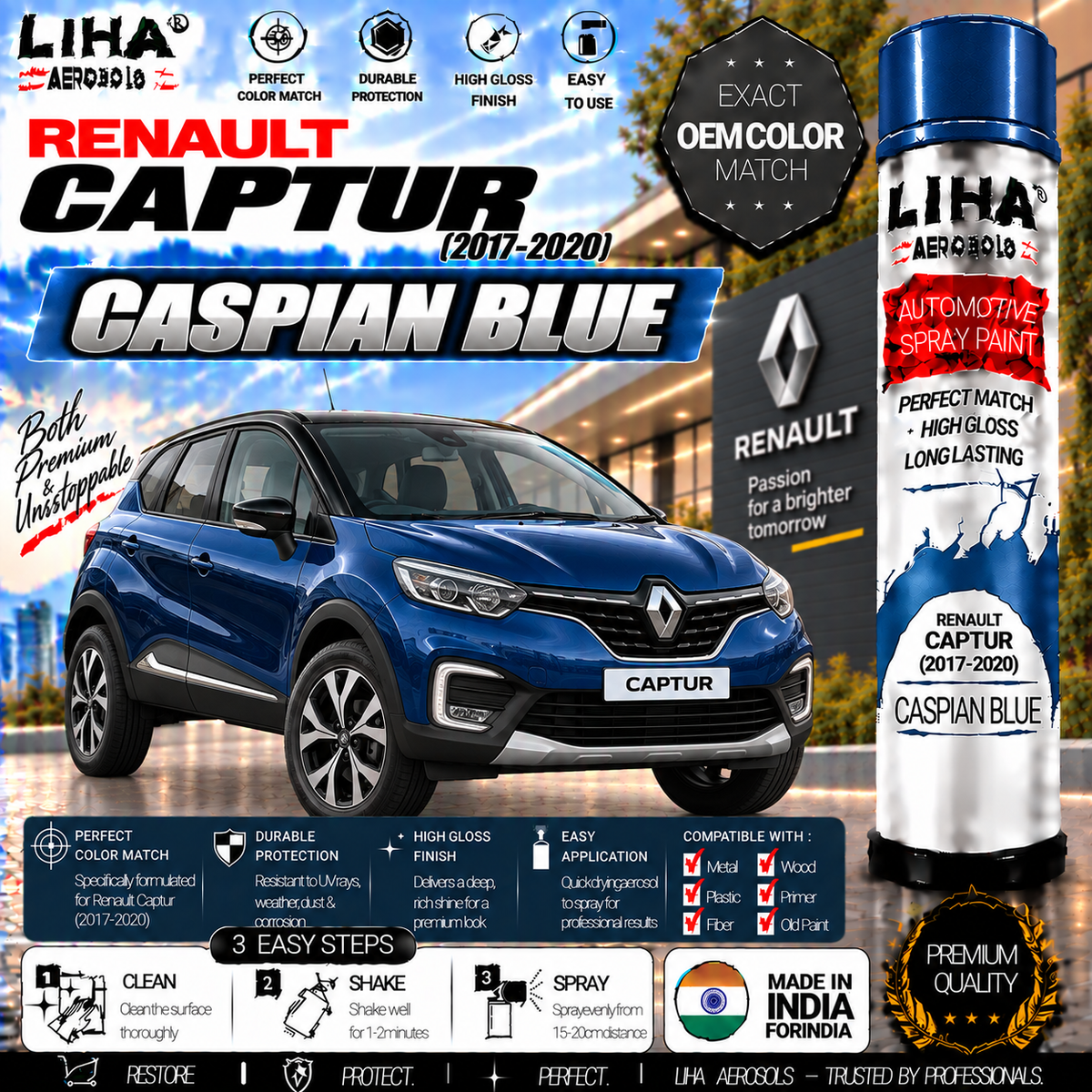 Renault Captur Caspian Blue Touch Up Spray Paint – OEM Color Match | LIHA Aerosols 500ml