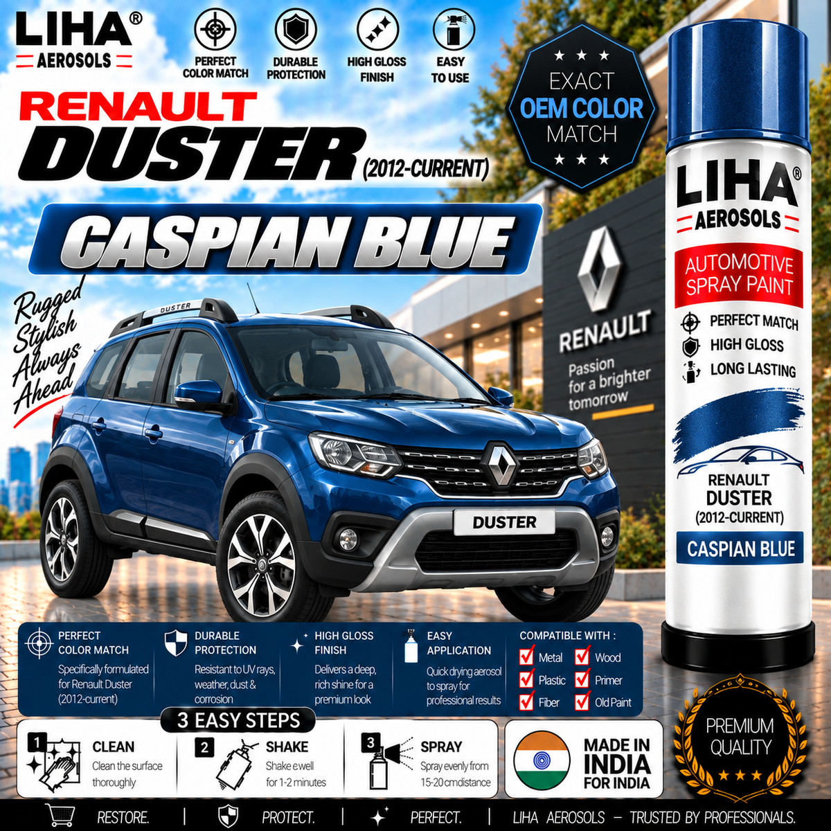 Renault Duster Caspian Blue Touch Up Spray Paint – OEM Color Match | LIHA Aerosols 500ml