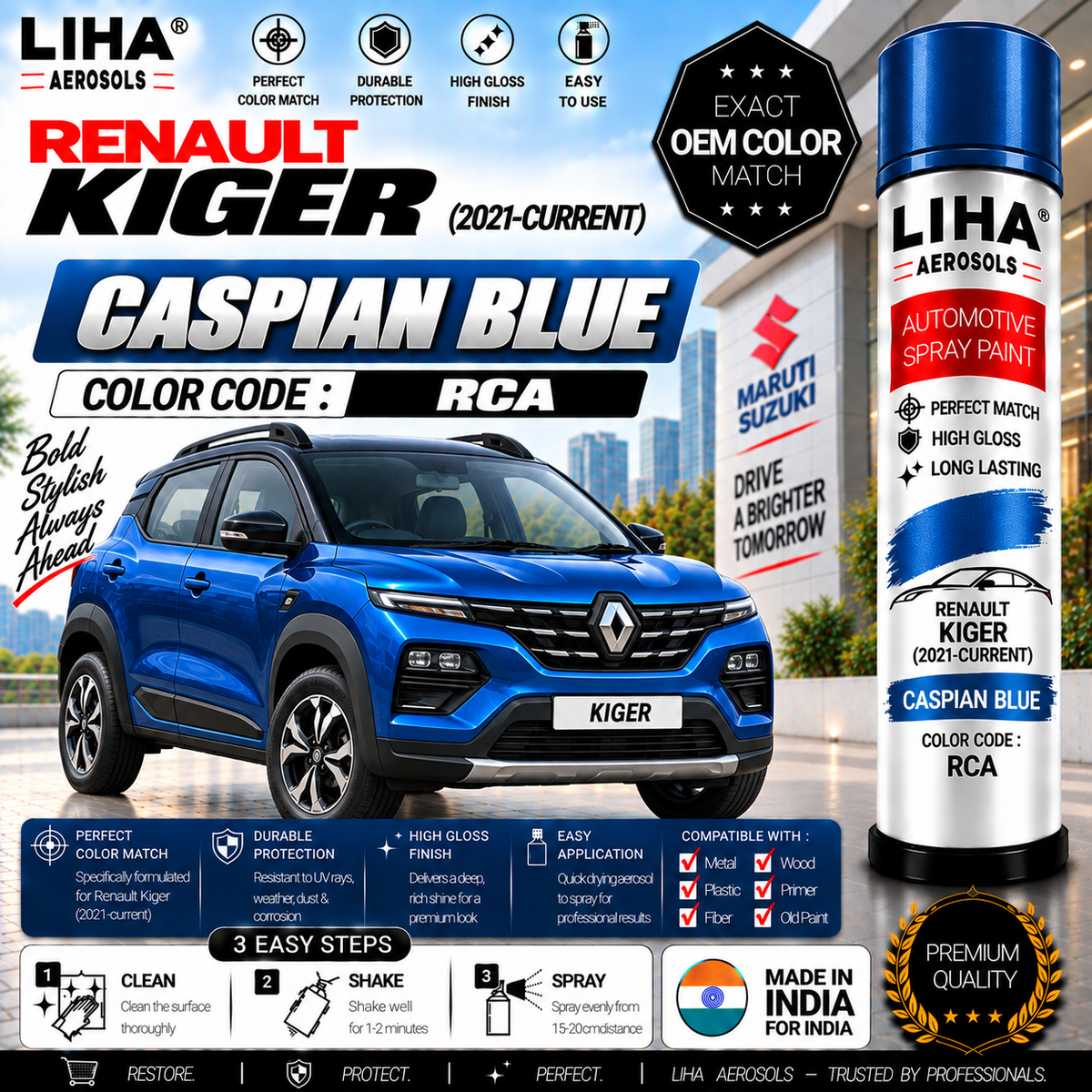 Renault Kiger Caspian Blue Touch Up Spray Paint – OEM Color Match | LIHA Aerosols 500ml