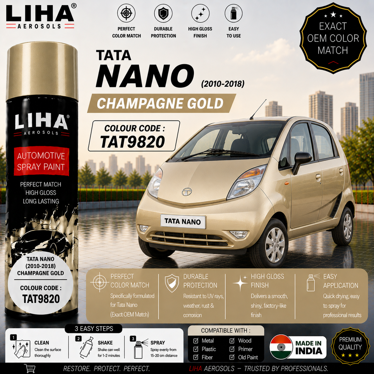 Tata Nano Champagne Gold Touch Up Spray Paint – OEM Color Match | LIHA Aerosols 500ml