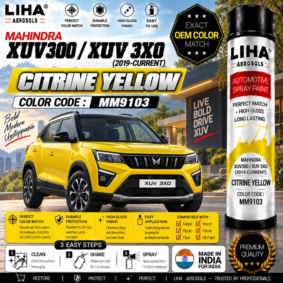 Mahindra XUV300 / XUV 3XO Citrine Yellow Touch Up Spray Paint – OEM Color Match | LIHA Aerosols 500ml