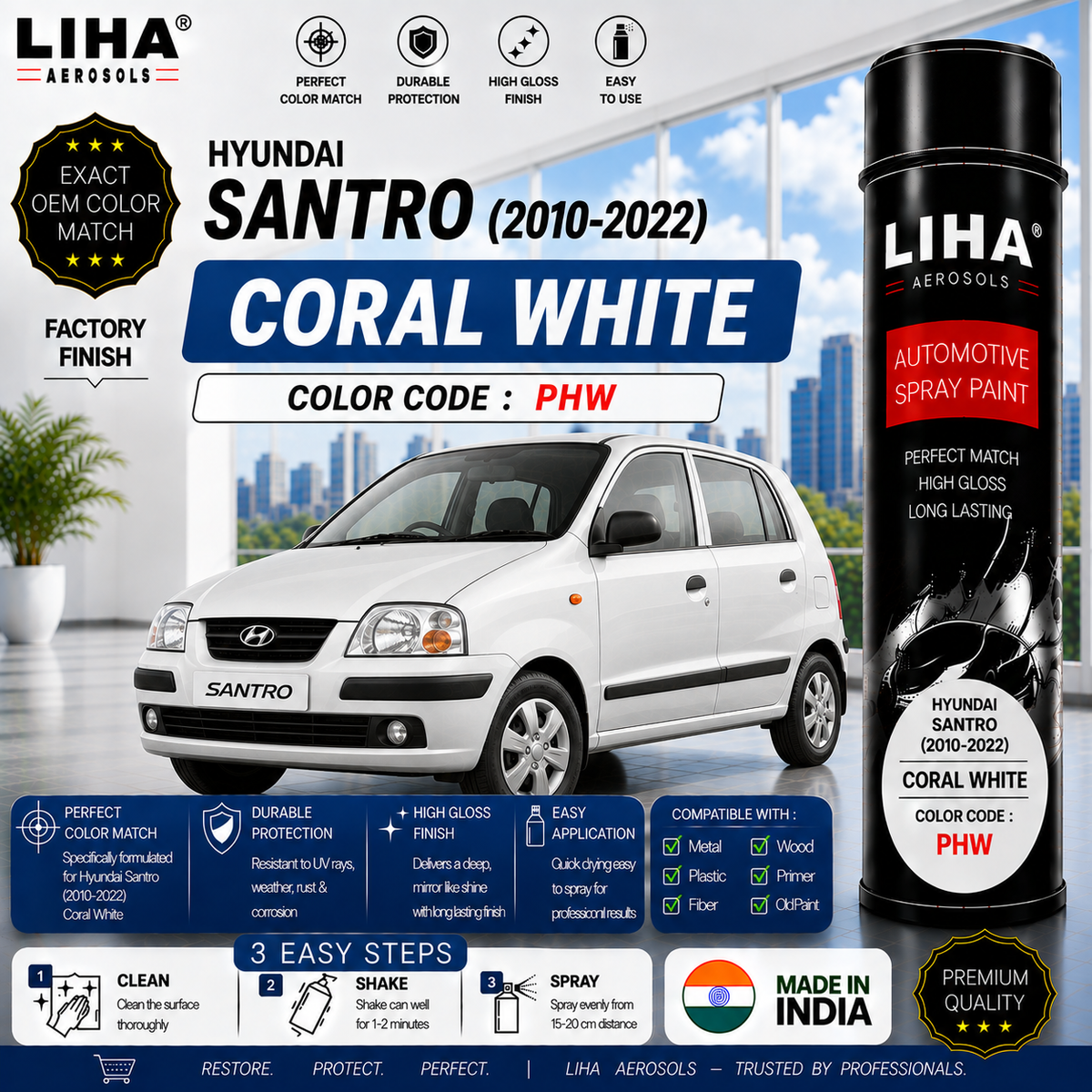 Hyundai Santro Coral White Touch Up Spray Paint – OEM Color Match | LIHA Aerosols 500ml