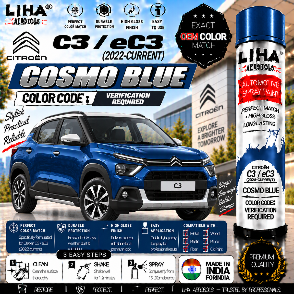 Citroen C3 / eC3 Cosmo Blue Touch Up Spray Paint – OEM Color Match | LIHA Aerosols 500ml