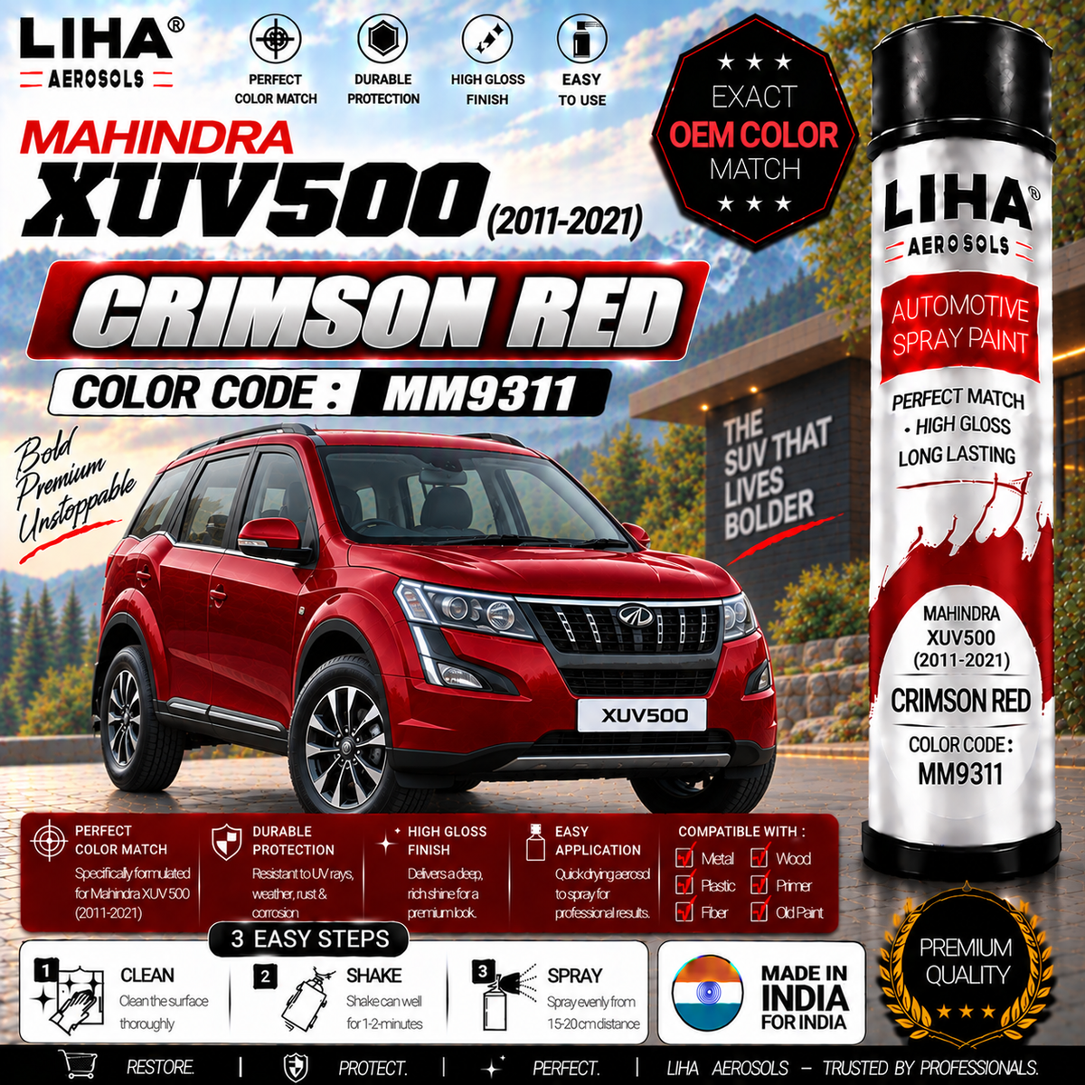 Mahindra XUV500 Crimson Red Touch Up Spray Paint – OEM Color Match | LIHA Aerosols 500ml