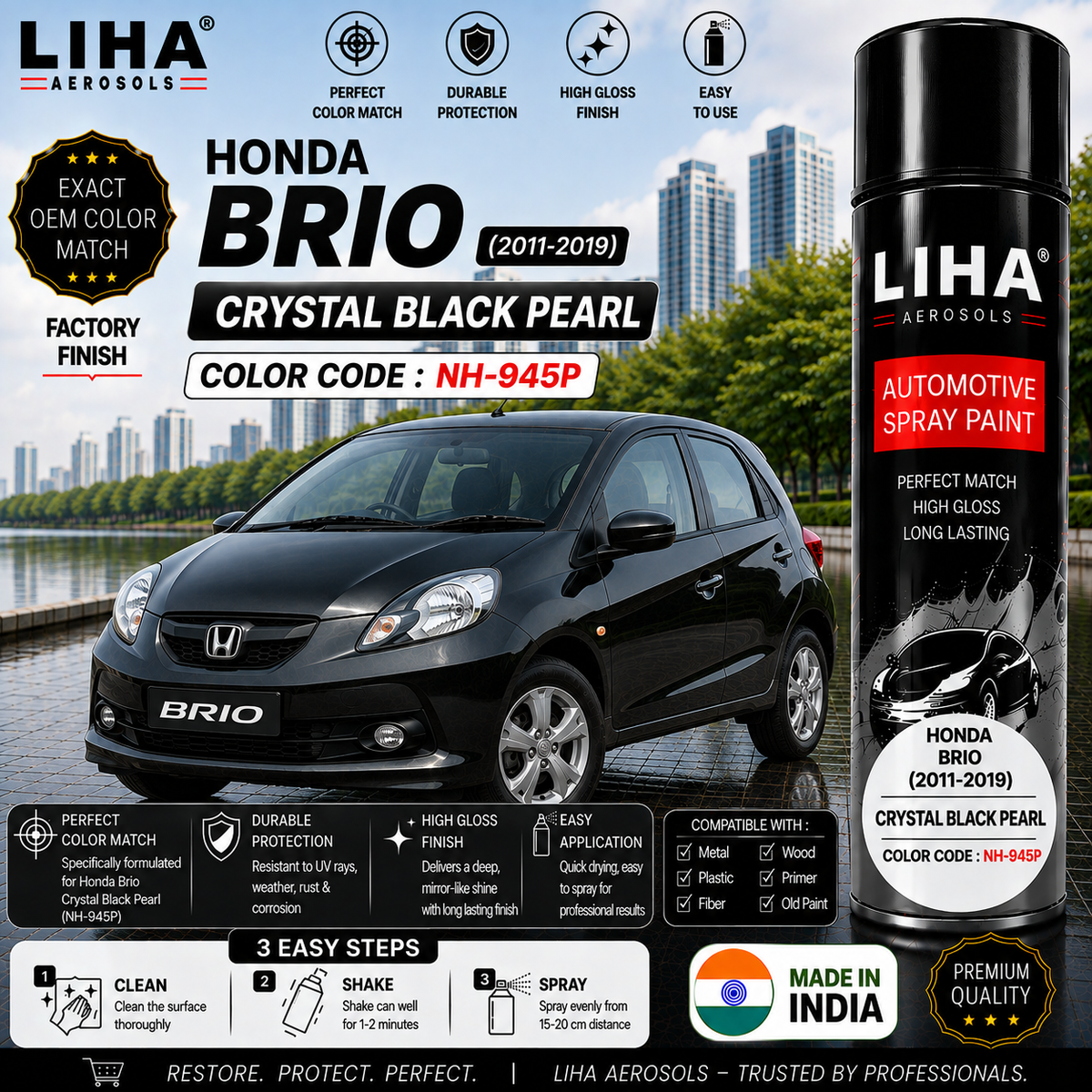 Honda Brio Crystal Black Pearl Touch Up Spray Paint – OEM Color Match | LIHA Aerosols 500ml
