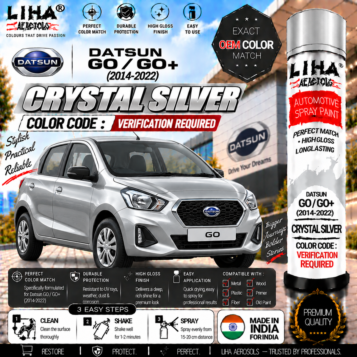 Datsun GO / GO+ Crystal Silver Touch Up Spray Paint – OEM Color Match | LIHA Aerosols 500ml