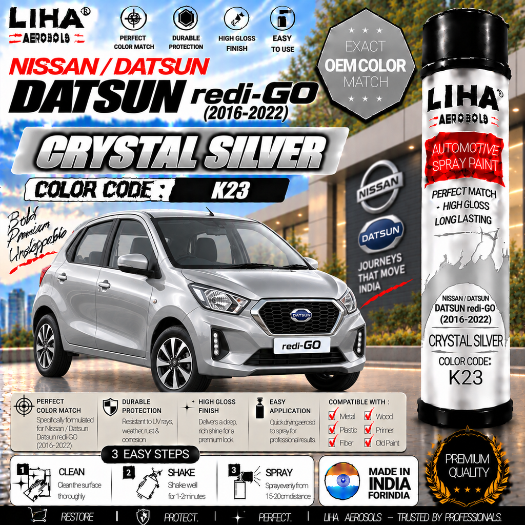 Datsun redi-GO Crystal Silver Touch Up Spray Paint – OEM Color Match | LIHA Aerosols 500ml