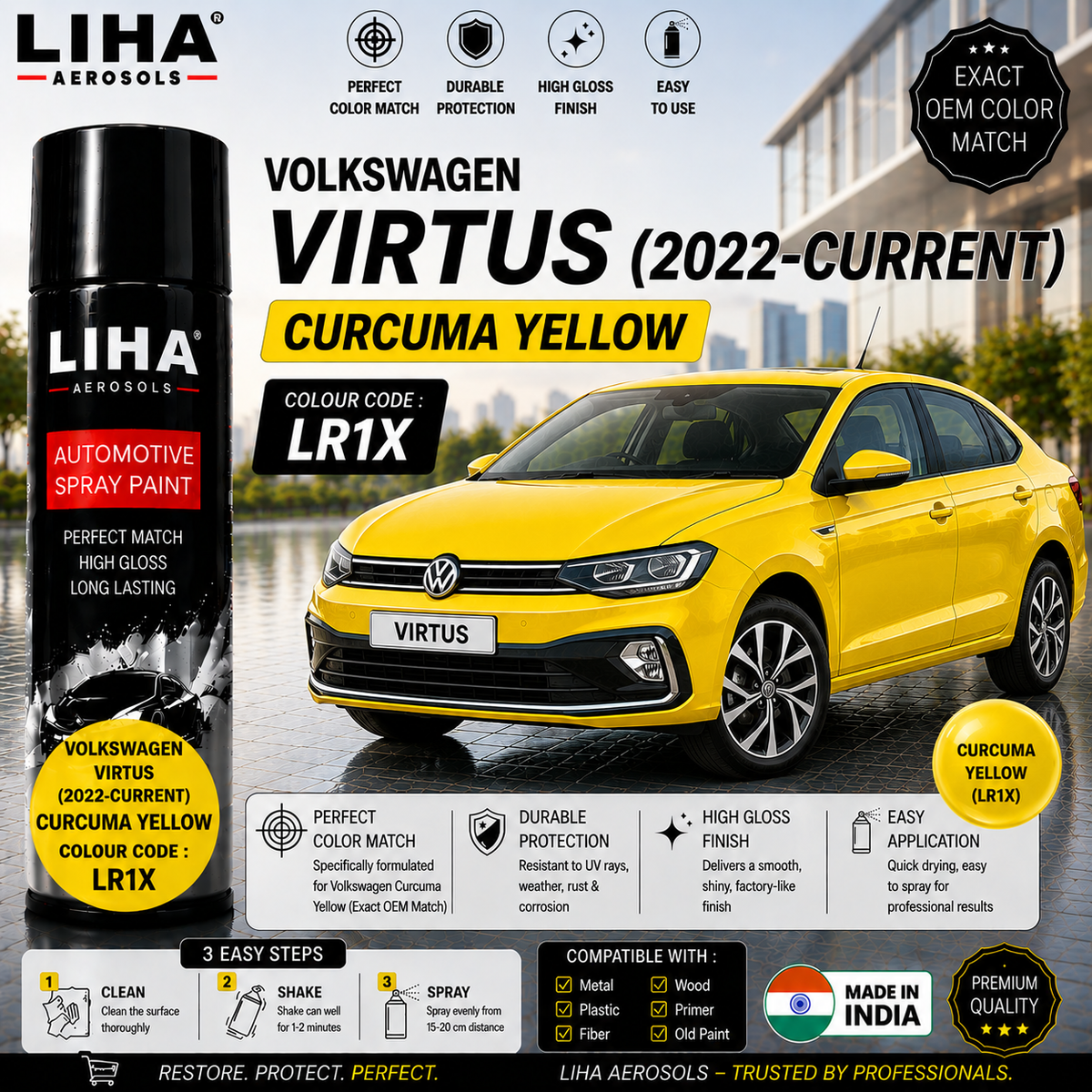 Volkswagen Virtus Curcuma Yellow Touch Up Spray Paint – OEM Color Match | LIHA Aerosols 500ml