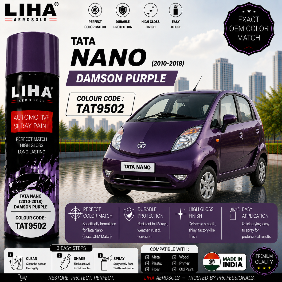 Tata Nano Damson Purple Touch Up Spray Paint – OEM Color Match | LIHA Aerosols 500ml