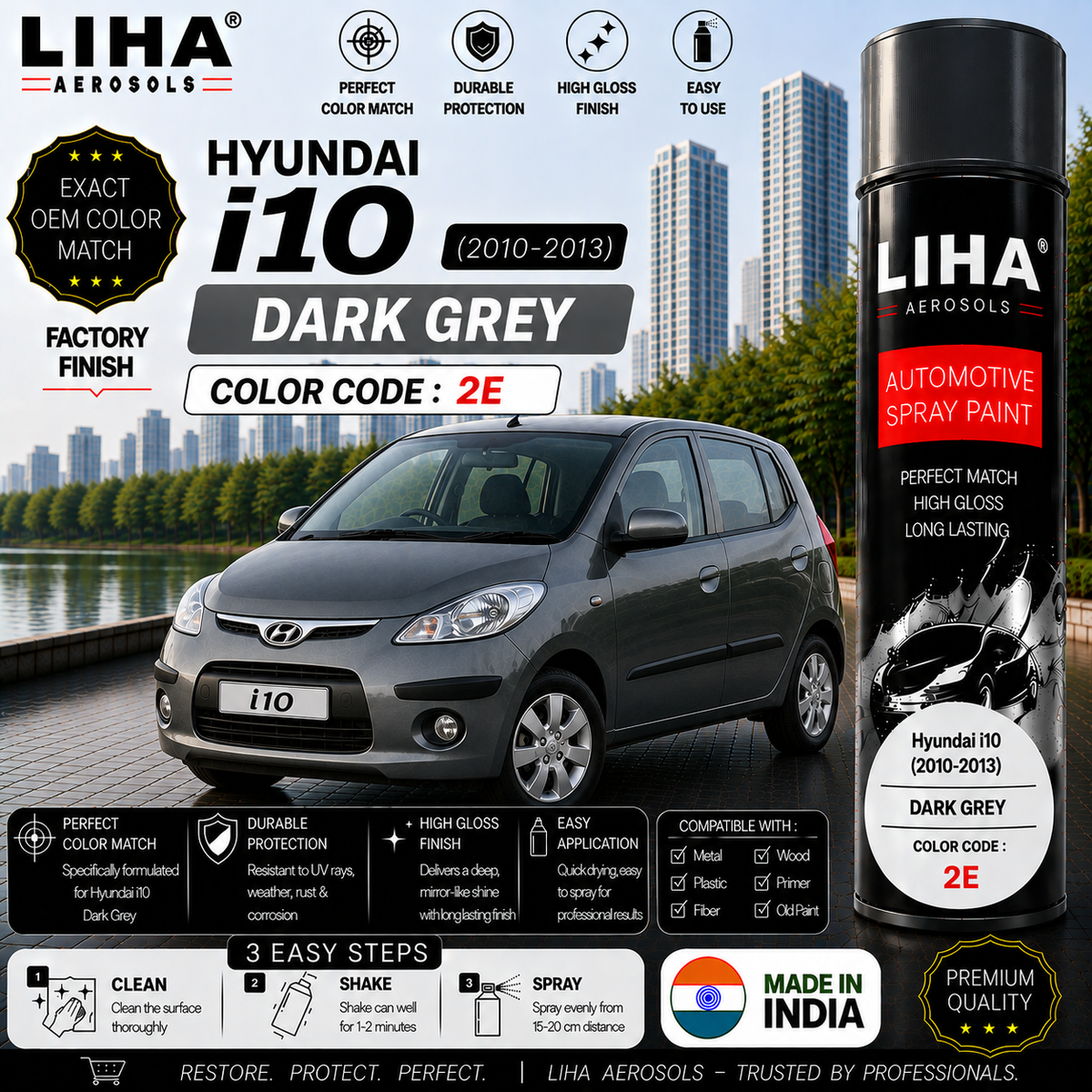 Hyundai i10 Dark Grey Touch Up Spray Paint – OEM Color Match | LIHA Aerosols 500ml