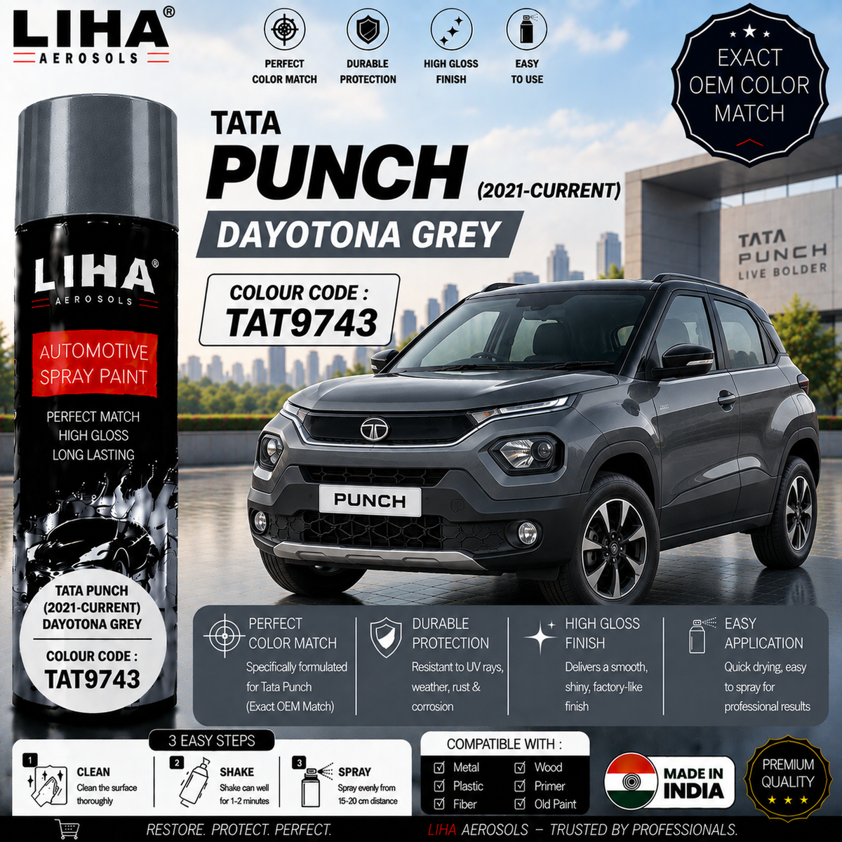 Tata Punch Daytona Grey Touch Up Spray Paint – OEM Color Match | LIHA Aerosols 500ml