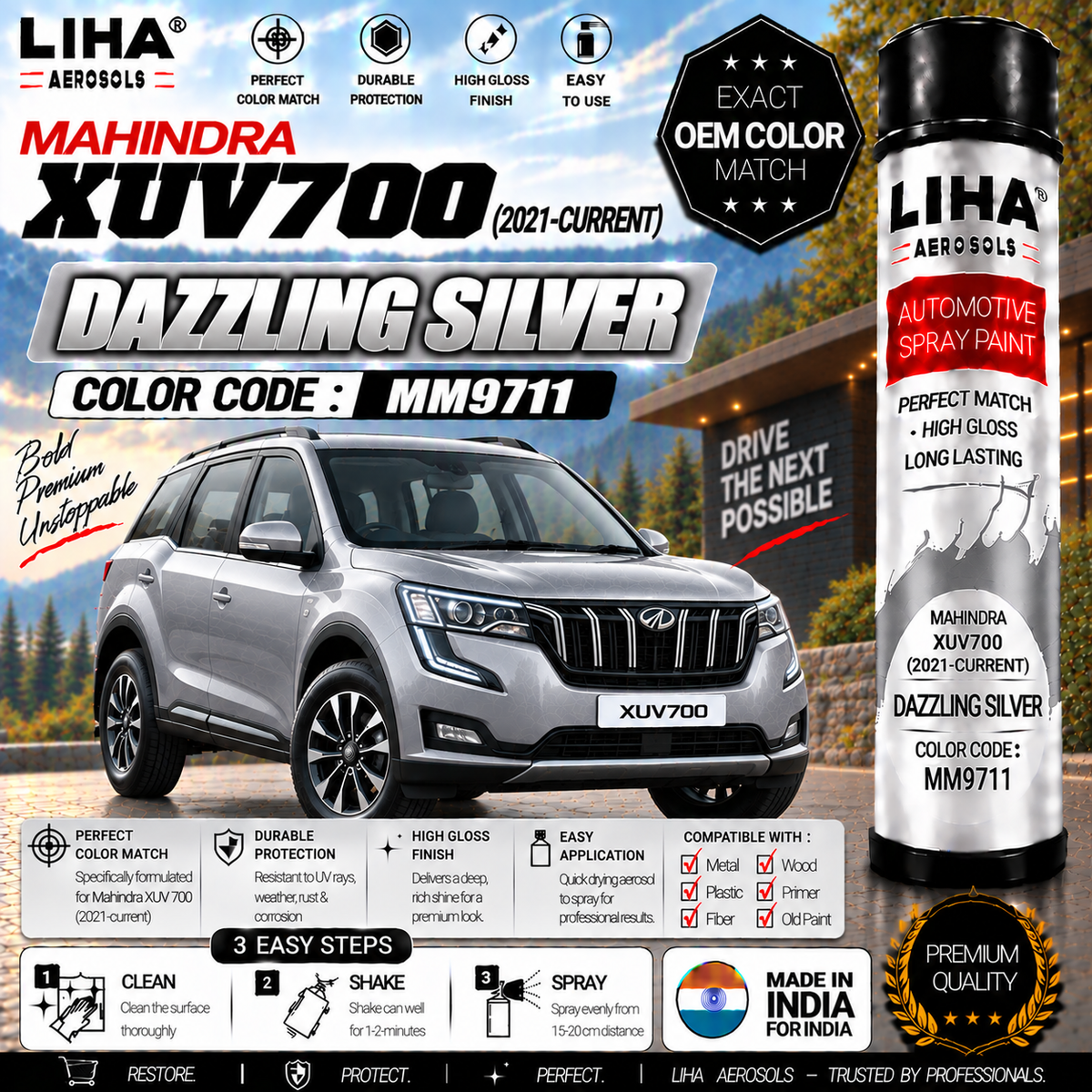 Mahindra XUV700 Dazzling Silver Touch Up Spray Paint – OEM Color Match | LIHA Aerosols 500ml