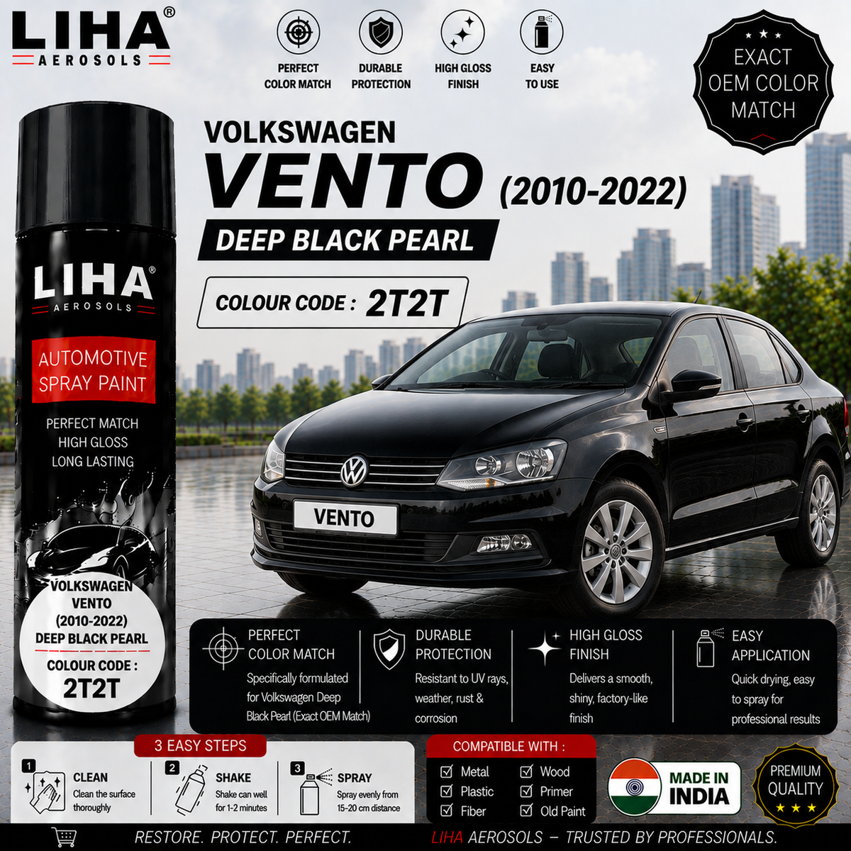 Volkswagen Vento Deep Black Pearl Touch Up Spray Paint – OEM Color Match | LIHA Aerosols 500ml