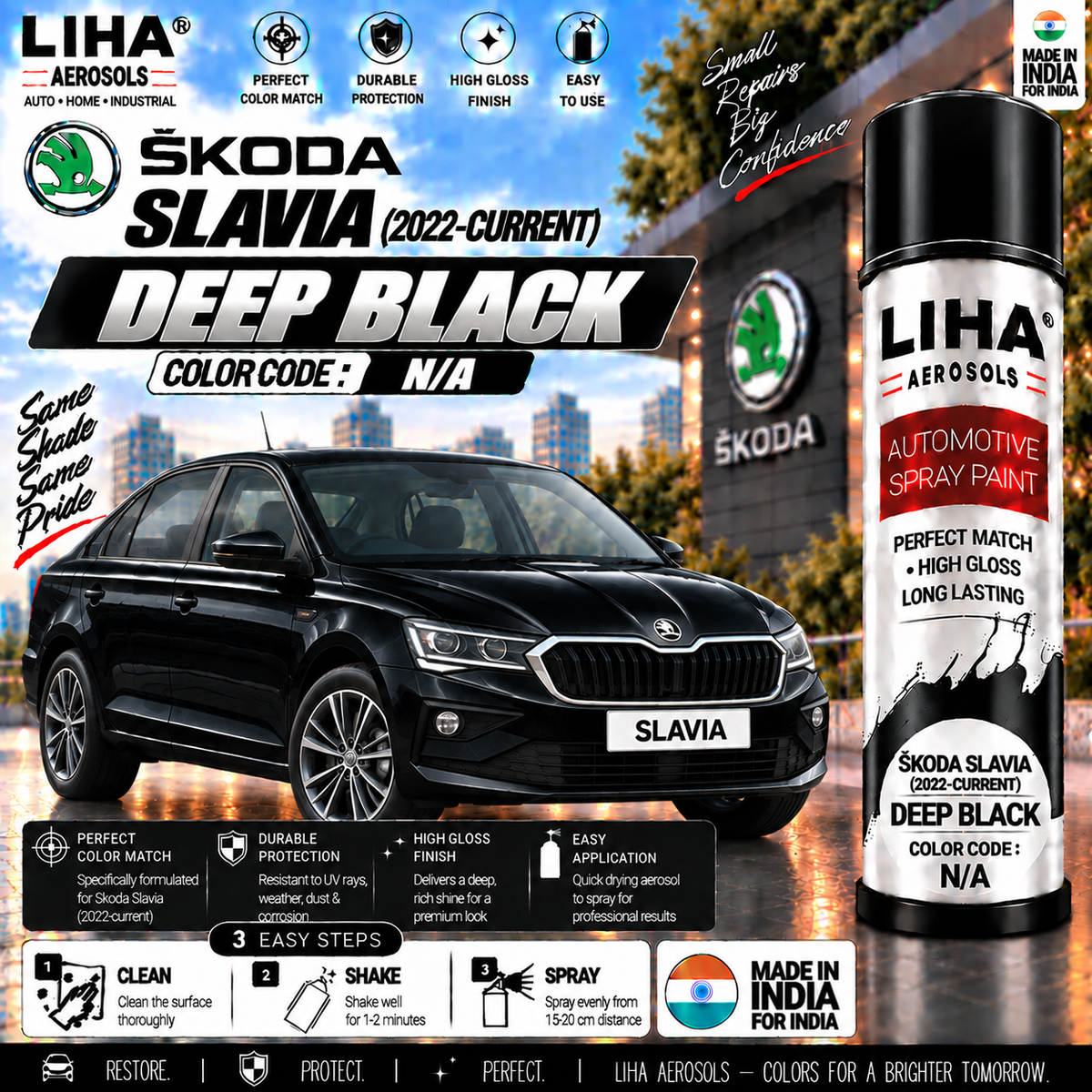 Skoda Slavia Deep Black Touch Up Spray Paint – OEM Color Match | LIHA Aerosols 500ml