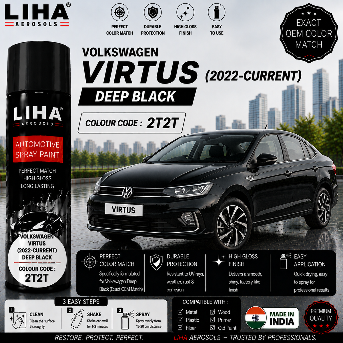 Volkswagen Virtus Deep Black Touch Up Spray Paint – OEM Color Match | LIHA Aerosols 500ml