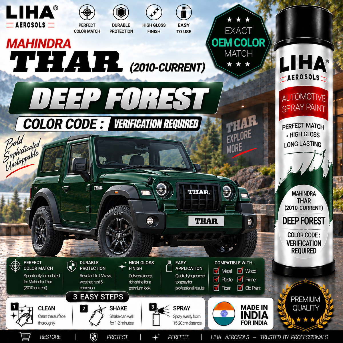 Mahindra Thar Deep Forest Touch Up Spray Paint – OEM Color Match | LIHA Aerosols 500ml