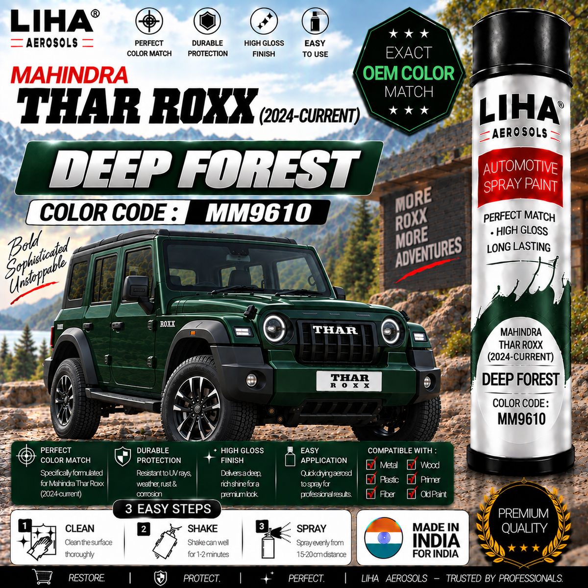 Mahindra Thar Roxx Deep Forest Touch Up Spray Paint – OEM Color Match | LIHA Aerosols 500ml