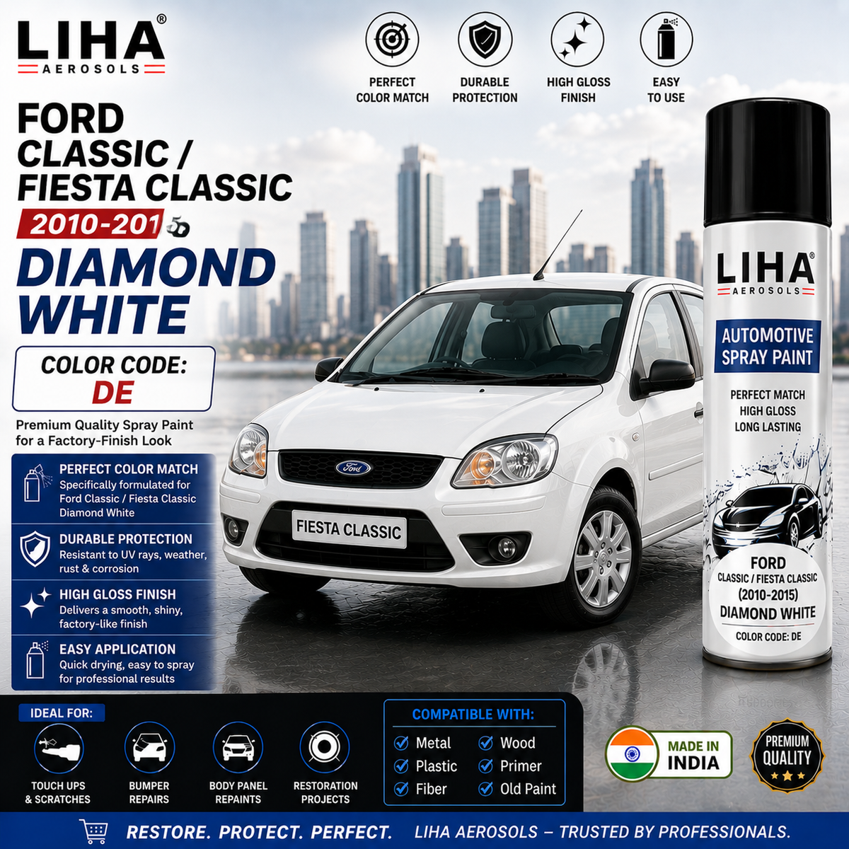 Ford Classic / Fiesta Classic Diamond White Touch Up Spray Paint – OEM Color Match DE | LIHA Aerosols 500ml