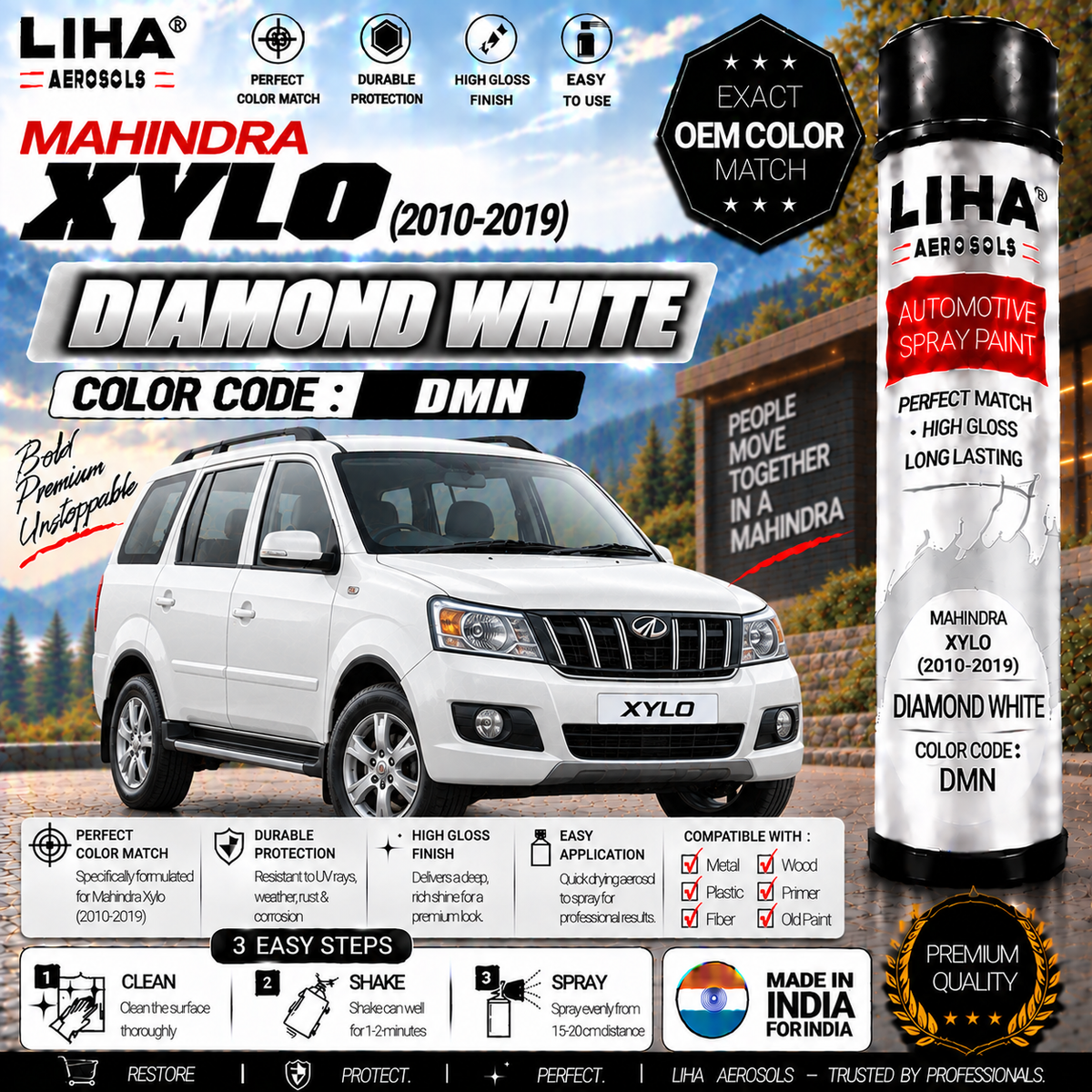 Mahindra Xylo Diamond White Touch Up Spray Paint – OEM Color Match | LIHA Aerosols 500ml