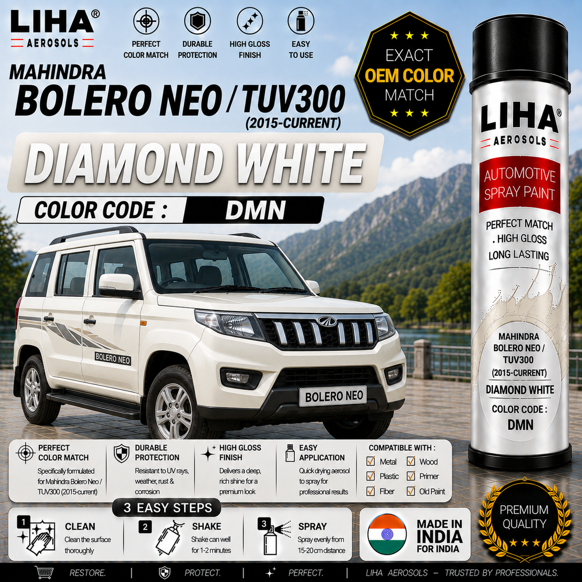 Mahindra Bolero Neo / TUV300 Diamond White Touch Up Spray Paint – OEM Color Match | LIHA Aerosols 500ml