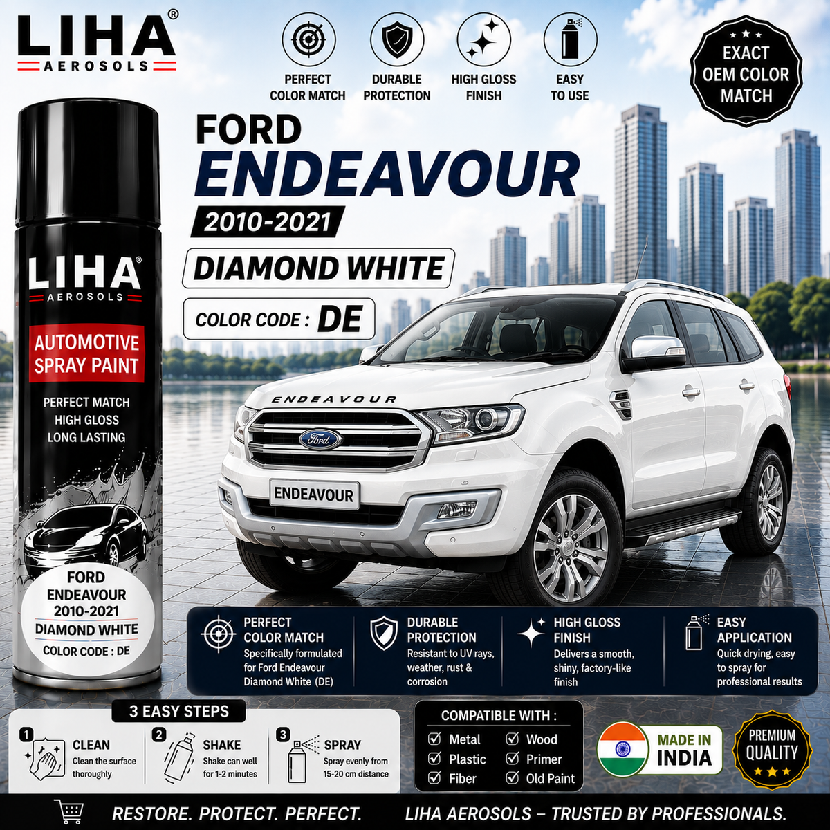 Ford Endeavour Diamond White Touch Up Spray Paint – OEM Color Match DE | LIHA Aerosols 500ml
