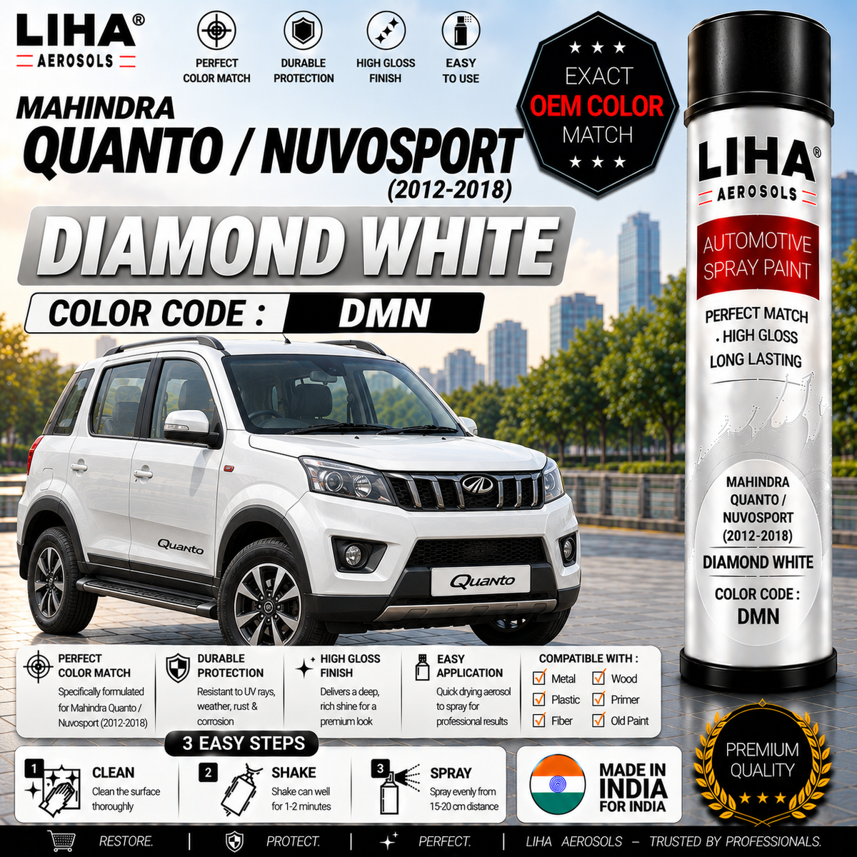 Mahindra Quanto / Nuvosport Diamond White Touch Up Spray Paint – OEM Color Match | LIHA Aerosols 500ml