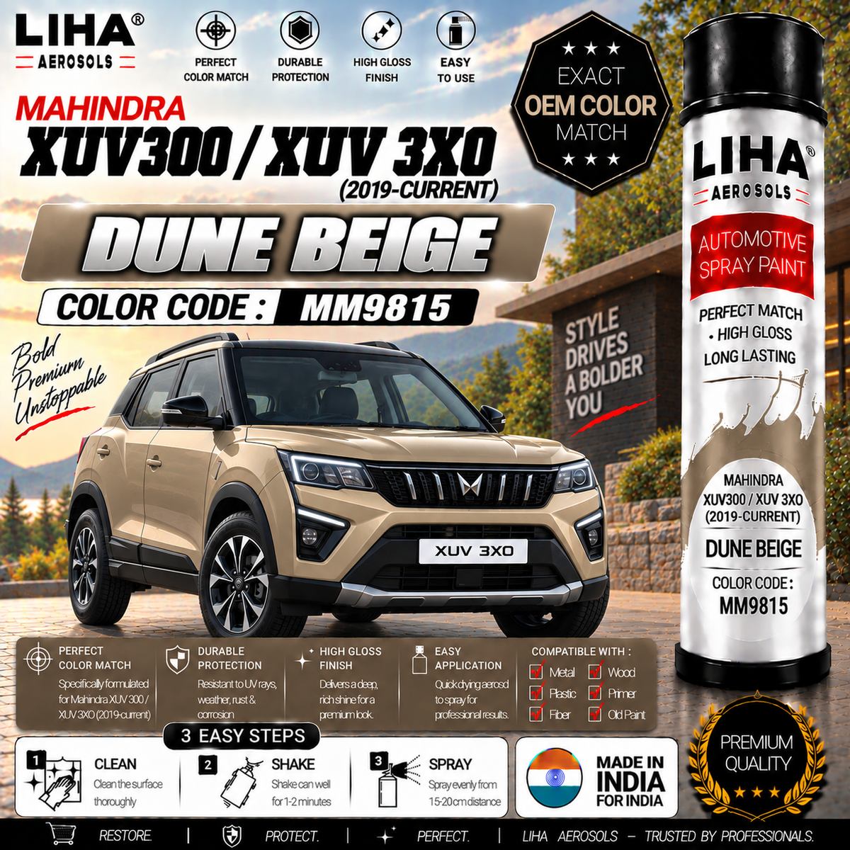 Mahindra XUV300 / XUV 3XO Dune Beige Touch Up Spray Paint – OEM Color Match | LIHA Aerosols 500ml