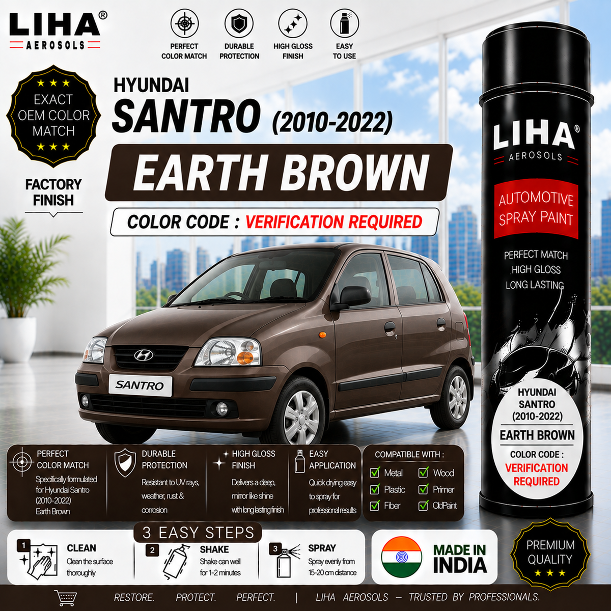 Hyundai Santro Earth Brown Touch Up Spray Paint – OEM Color Match | LIHA Aerosols 500ml