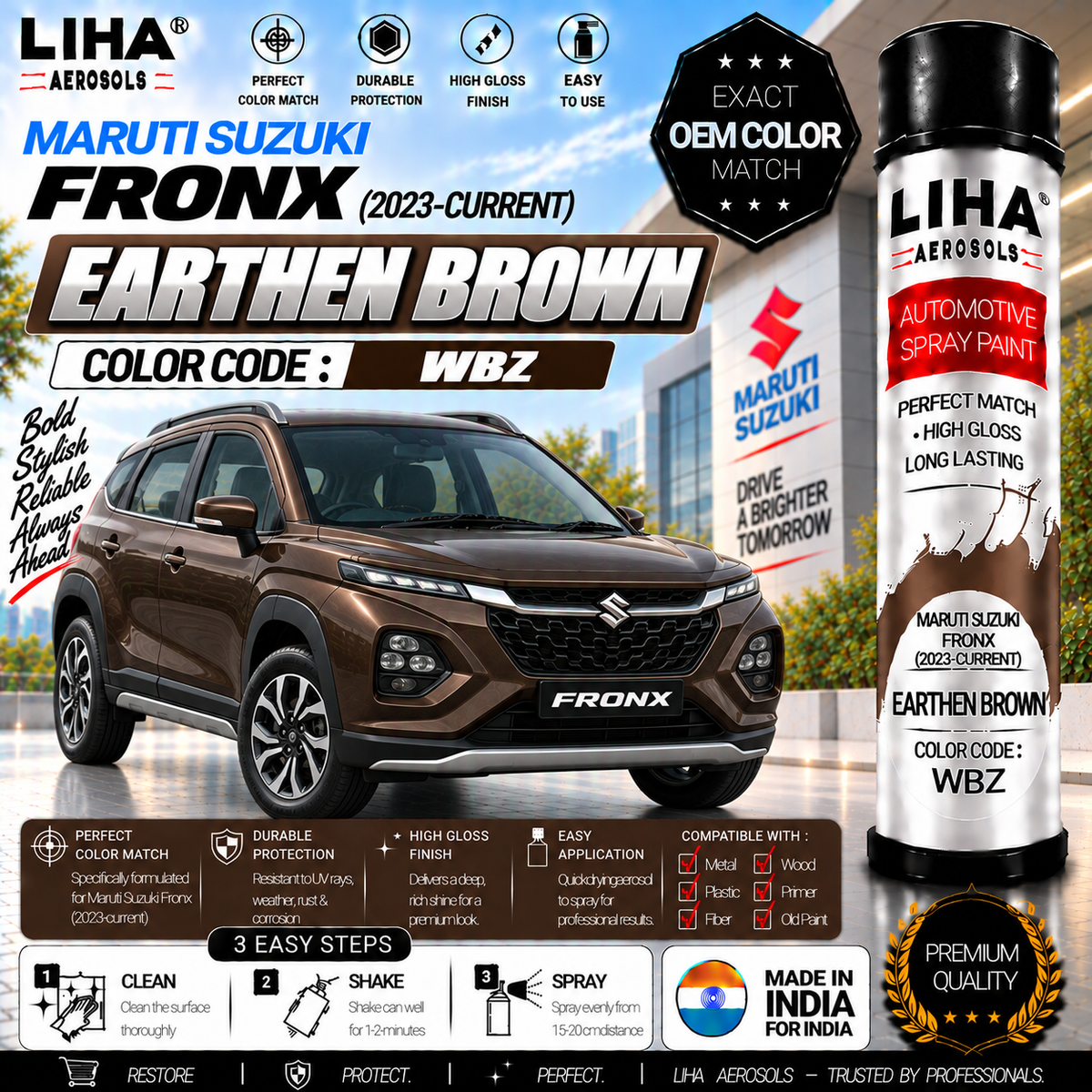 Maruti Suzuki Fronx Earthen Brown Touch Up Spray Paint – OEM Color Match | LIHA Aerosols 500ml