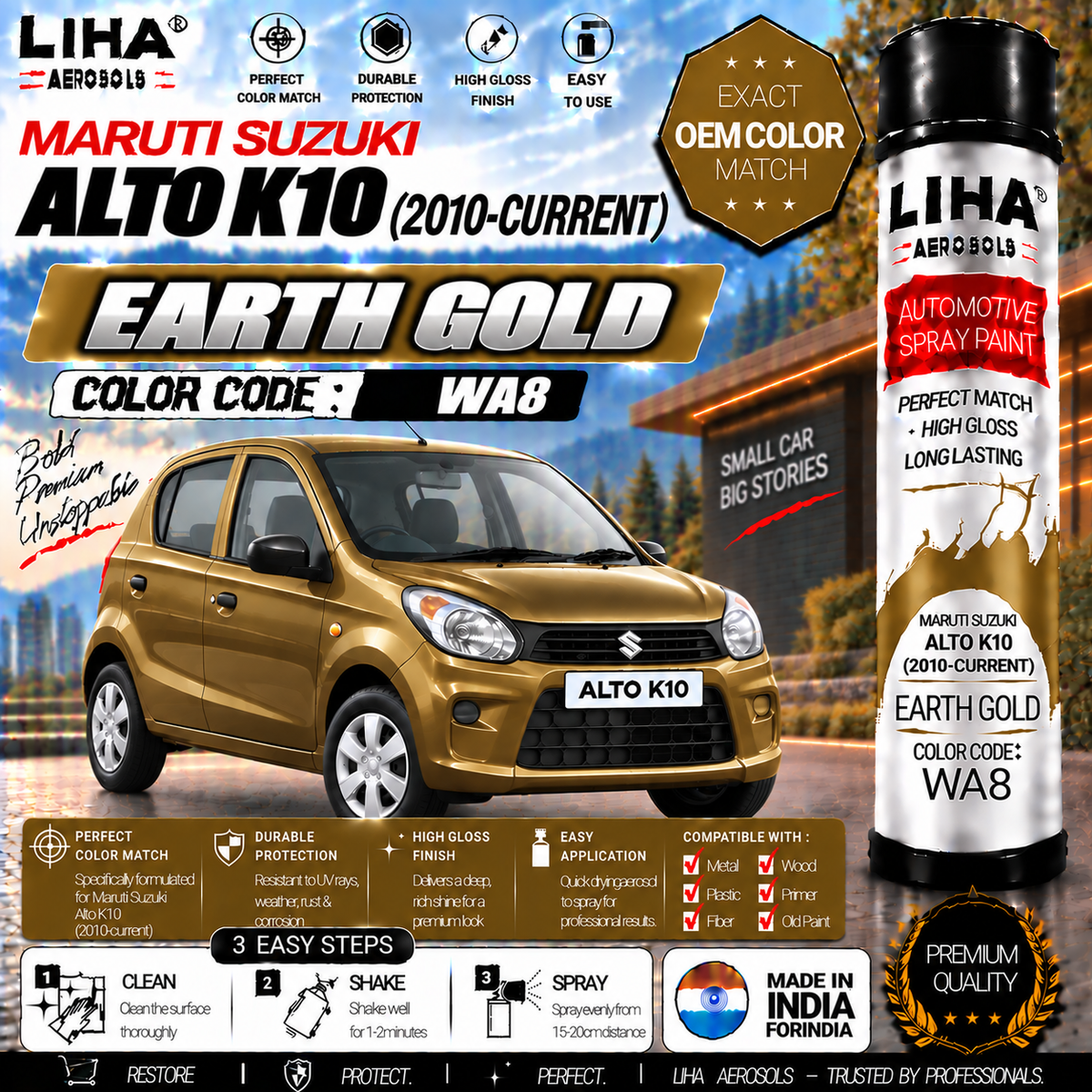 Maruti Suzuki Alto K10 Earth Gold Touch Up Spray Paint – OEM Color Match | LIHA Aerosols 500ml