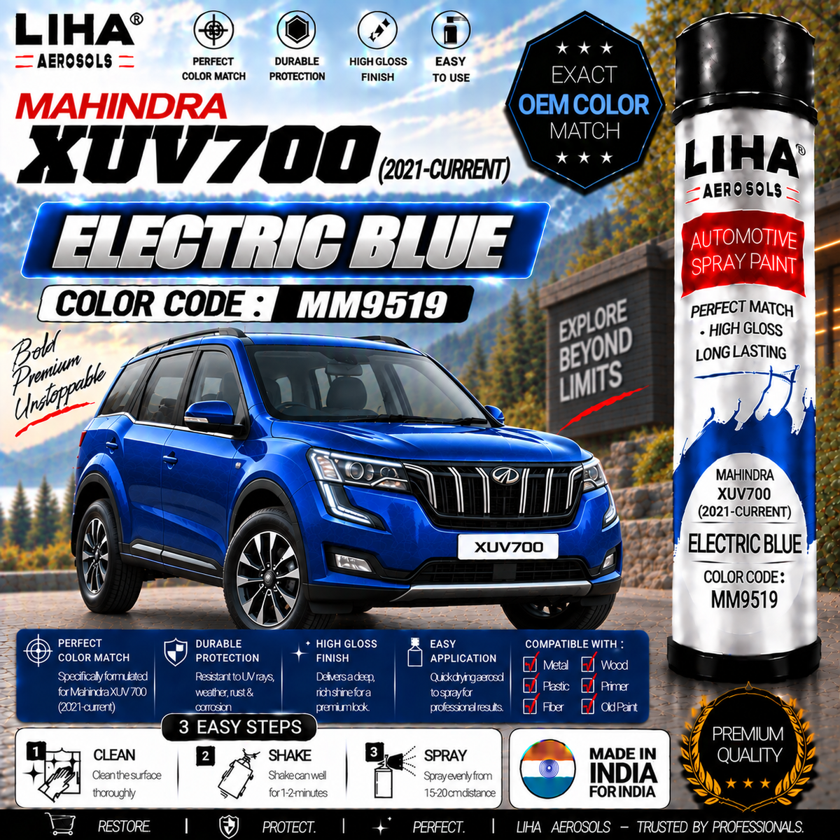 Mahindra XUV700 Electric Blue Touch Up Spray Paint – OEM Color Match | LIHA Aerosols 500ml