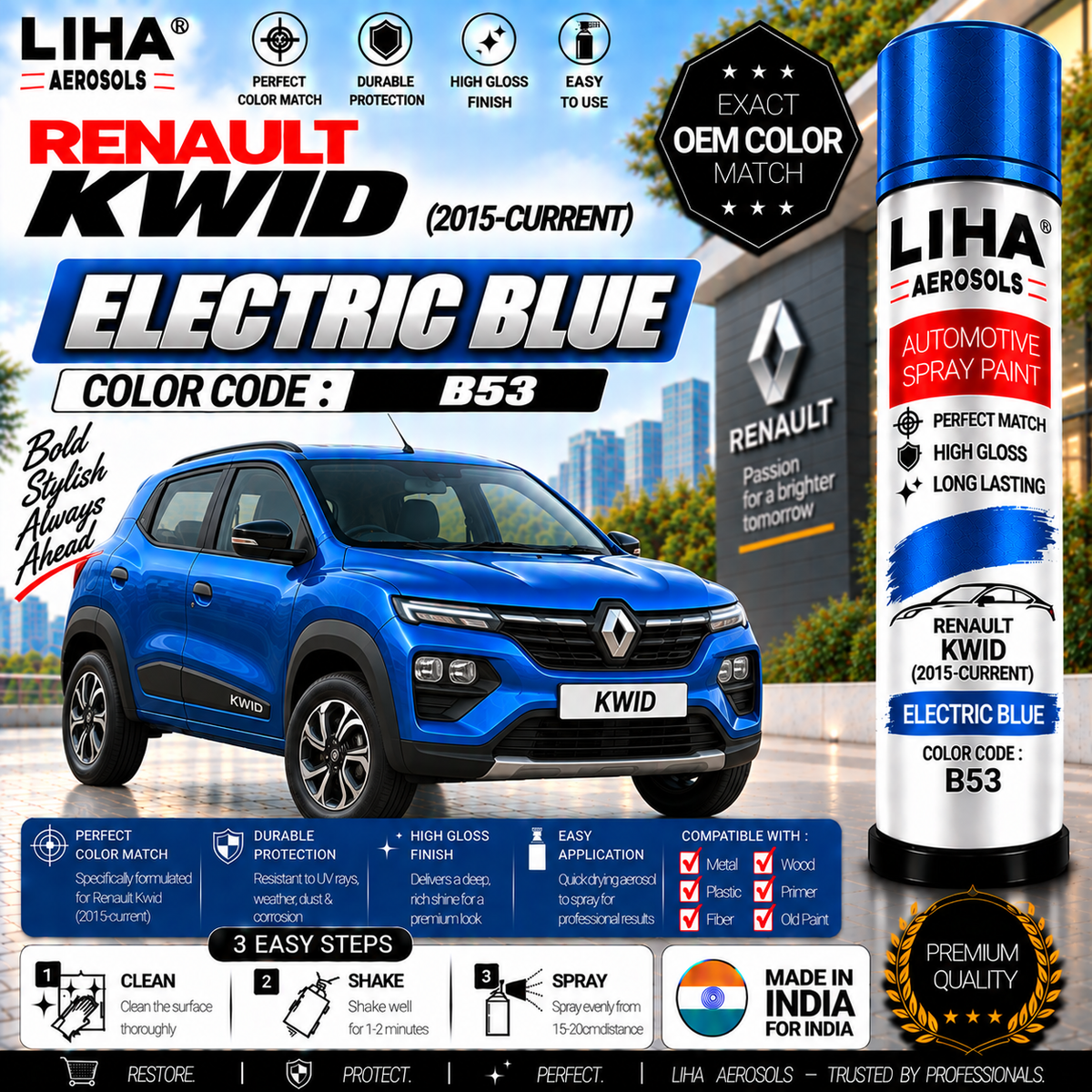 Renault Kwid Electric Blue Touch Up Spray Paint – OEM Color Match | LIHA Aerosols 500ml