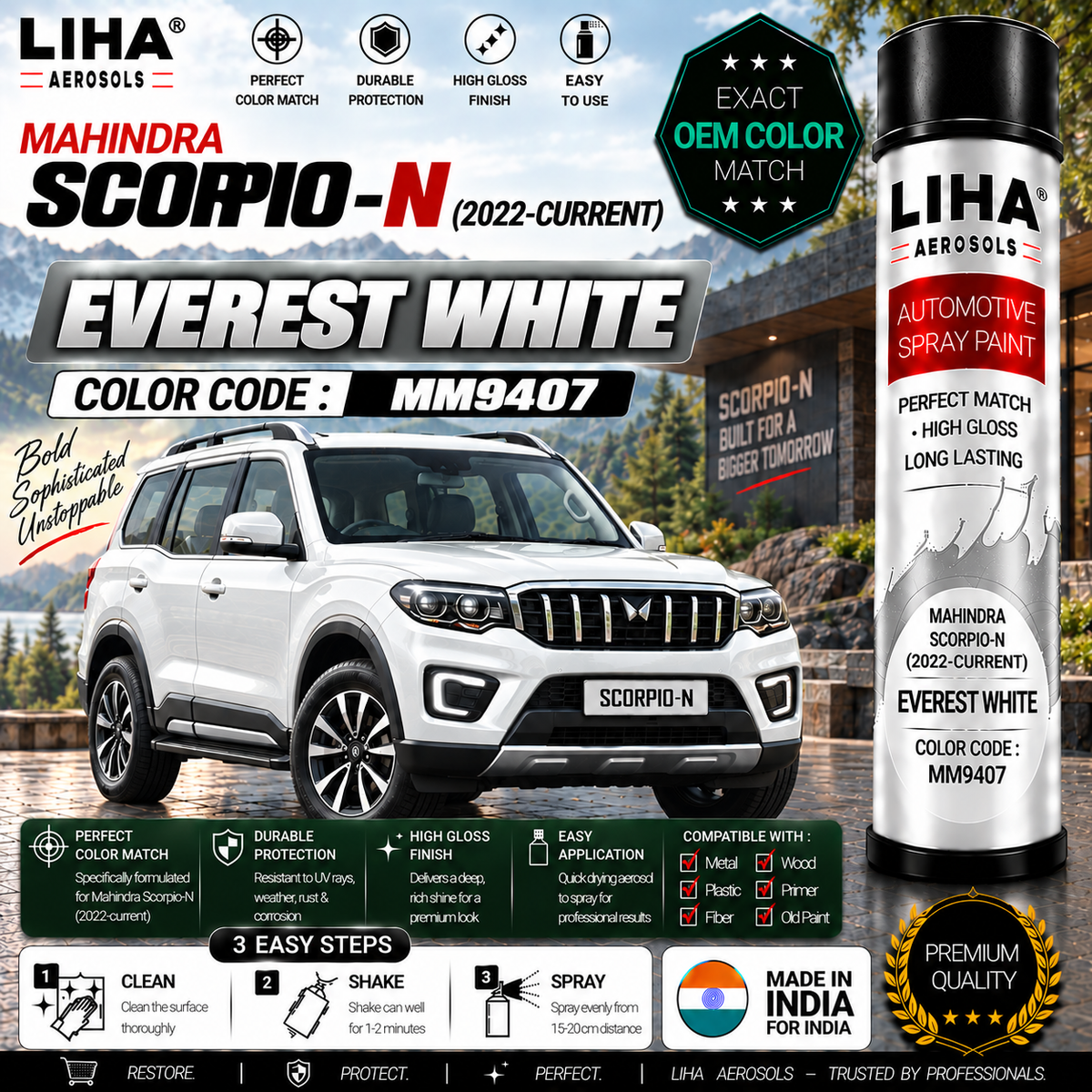 Mahindra Scorpio-N Everest White Touch Up Spray Paint – OEM Color Match | LIHA Aerosols 500ml