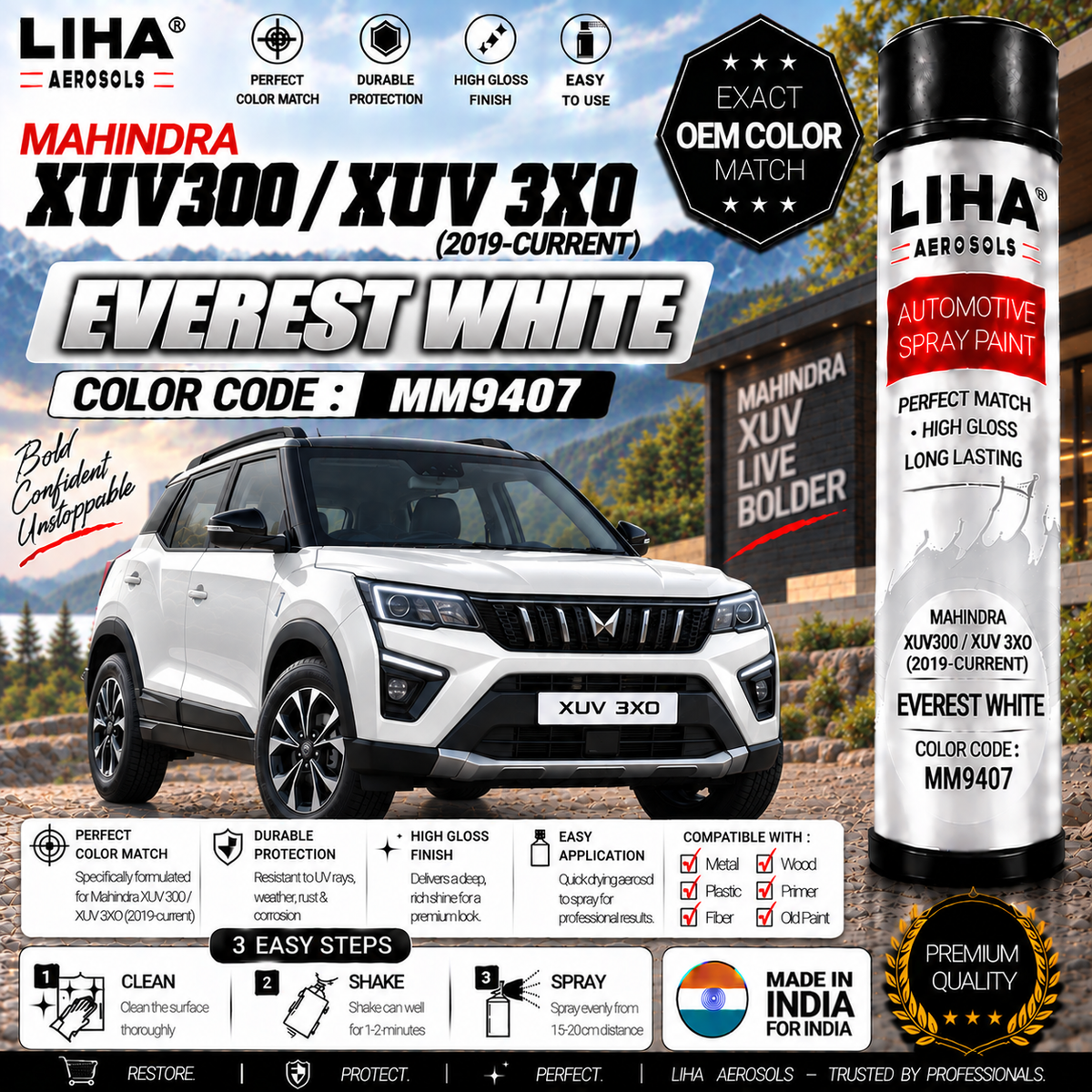 Mahindra XUV300 / XUV 3XO Everest White Touch Up Spray Paint – OEM Color Match | LIHA Aerosols 500ml