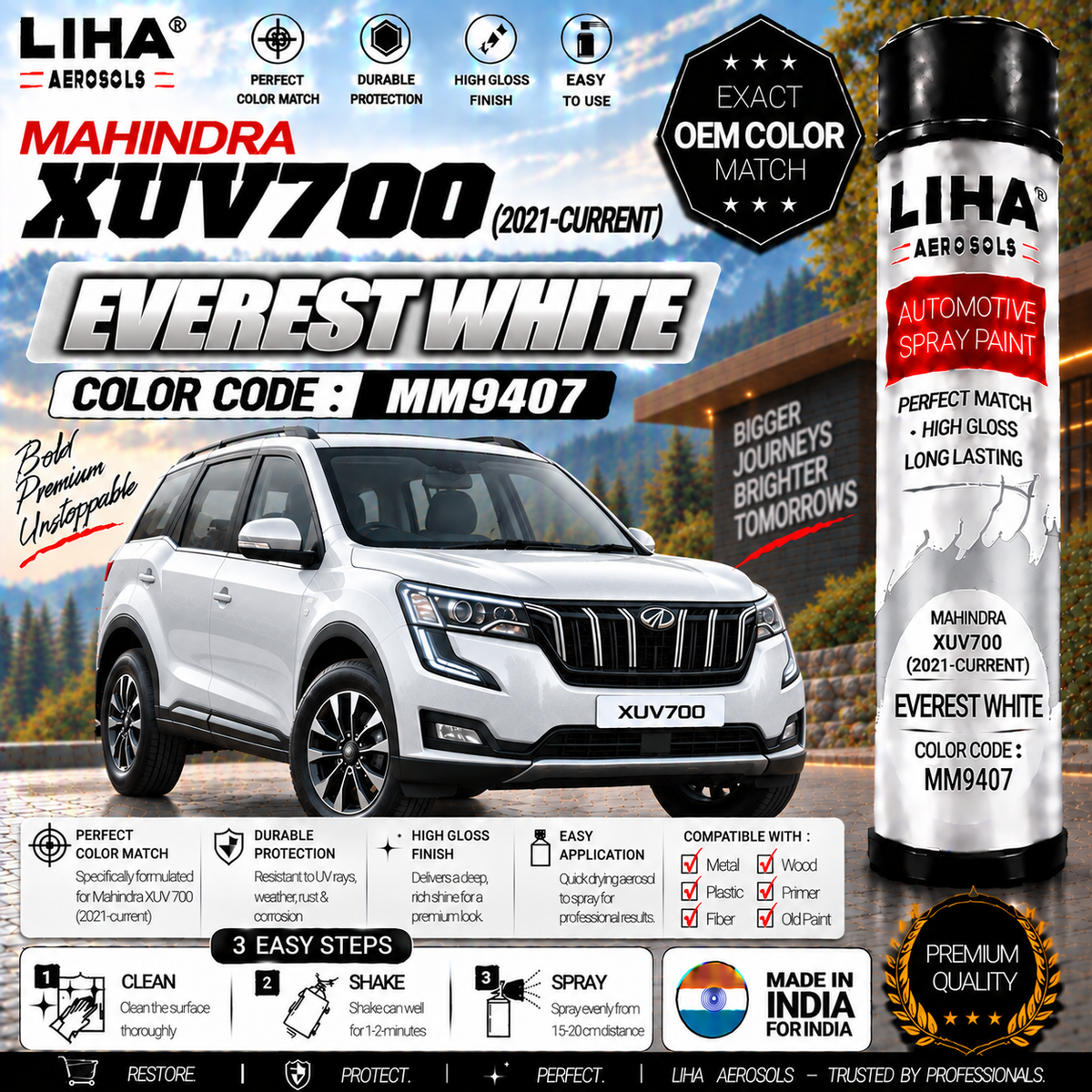 Mahindra XUV700 Everest White Touch Up Spray Paint – OEM Color Match | LIHA Aerosols 500ml