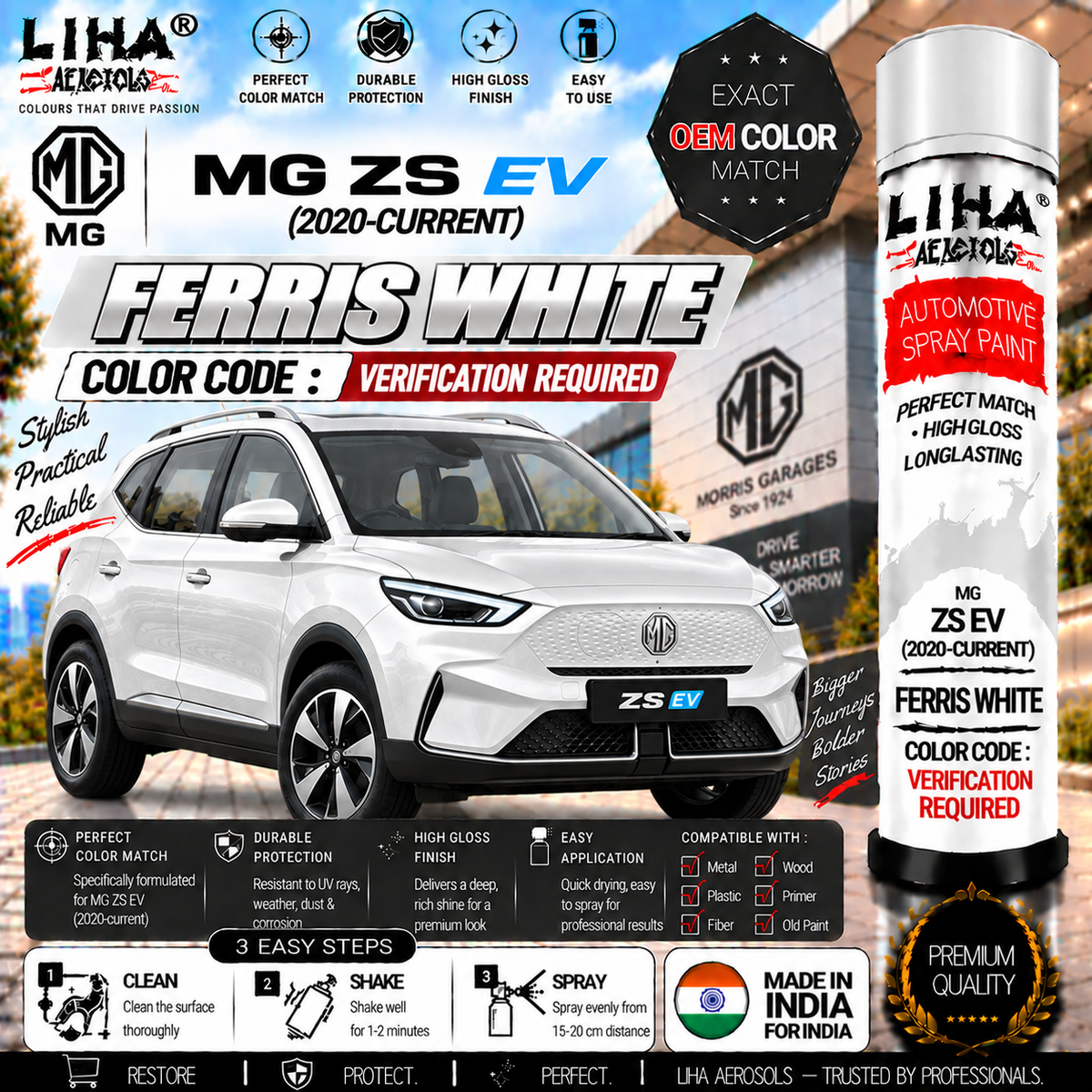 MG ZS EV Ferris White Touch Up Spray Paint – OEM Color Match | LIHA Aerosols 500ml