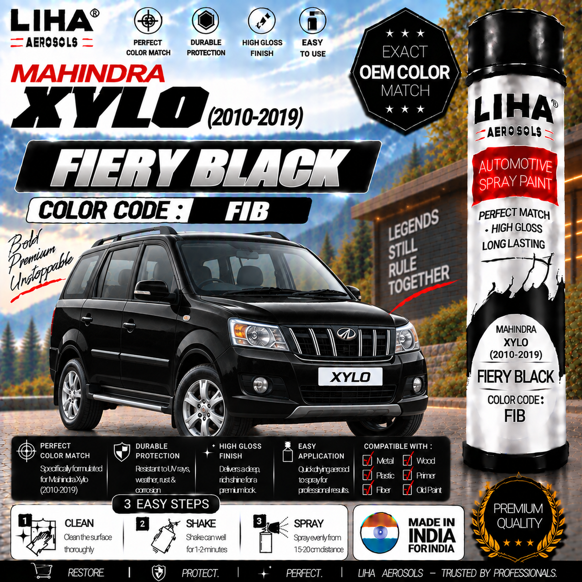 Mahindra Xylo Fiery Black Touch Up Spray Paint – OEM Color Match | LIHA Aerosols 500ml