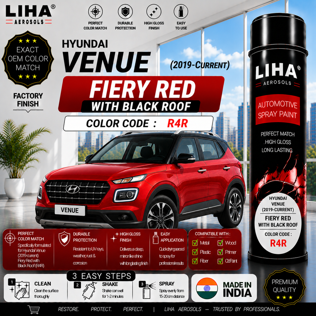 Hyundai Venue Fiery Red with Black Roof Touch Up Spray Paint – OEM Color Match | LIHA Aerosols 500ml