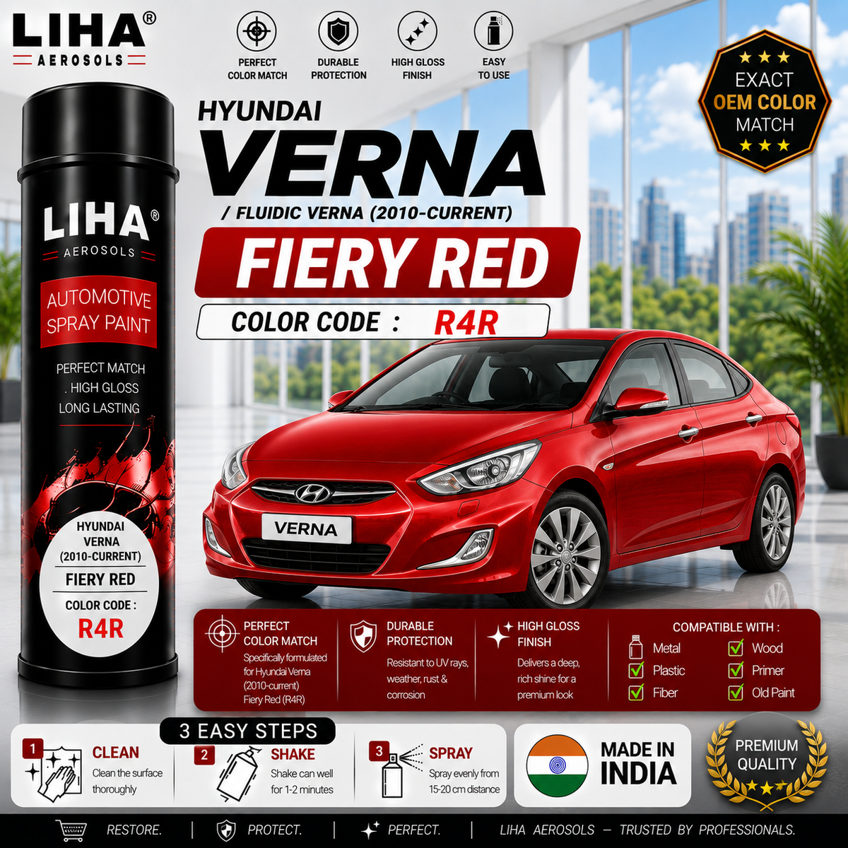 Hyundai Verna / Fluidic Verna Fiery Red Touch Up Spray Paint – OEM Color Match | LIHA Aerosols 500ml