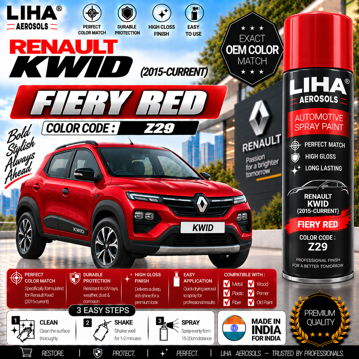 Renault Kwid Fiery Red Touch Up Spray Paint – OEM Color Match | LIHA Aerosols 500ml
