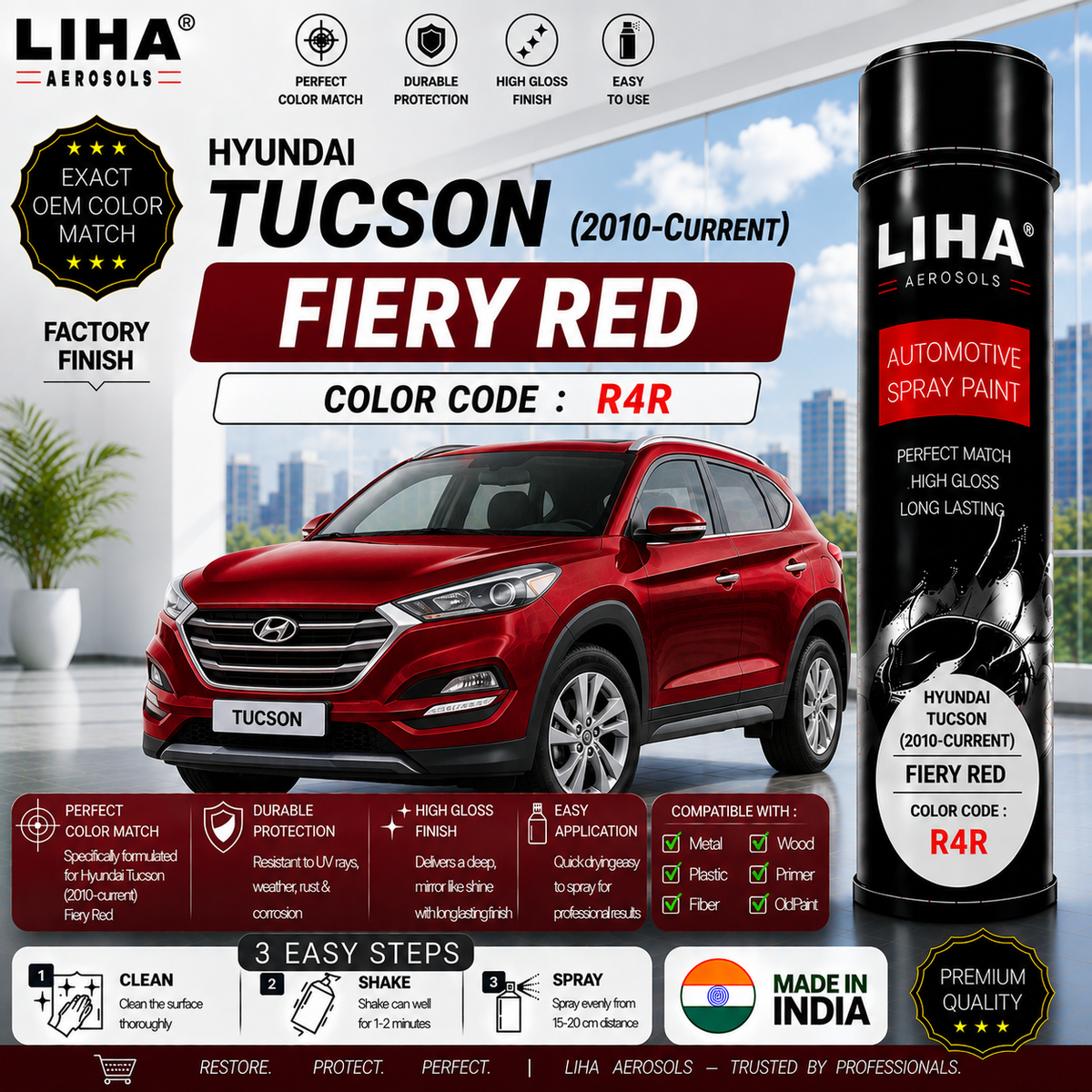 Hyundai Tucson Fiery Red Touch Up Spray Paint – OEM Color Match | LIHA Aerosols 500ml