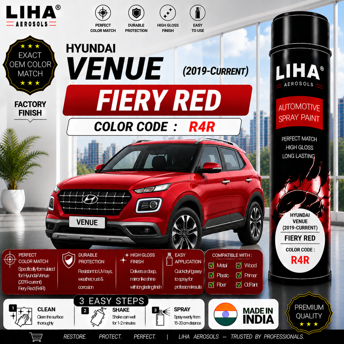 Hyundai Venue Fiery Red Touch Up Spray Paint – OEM Color Match | LIHA Aerosols 500ml