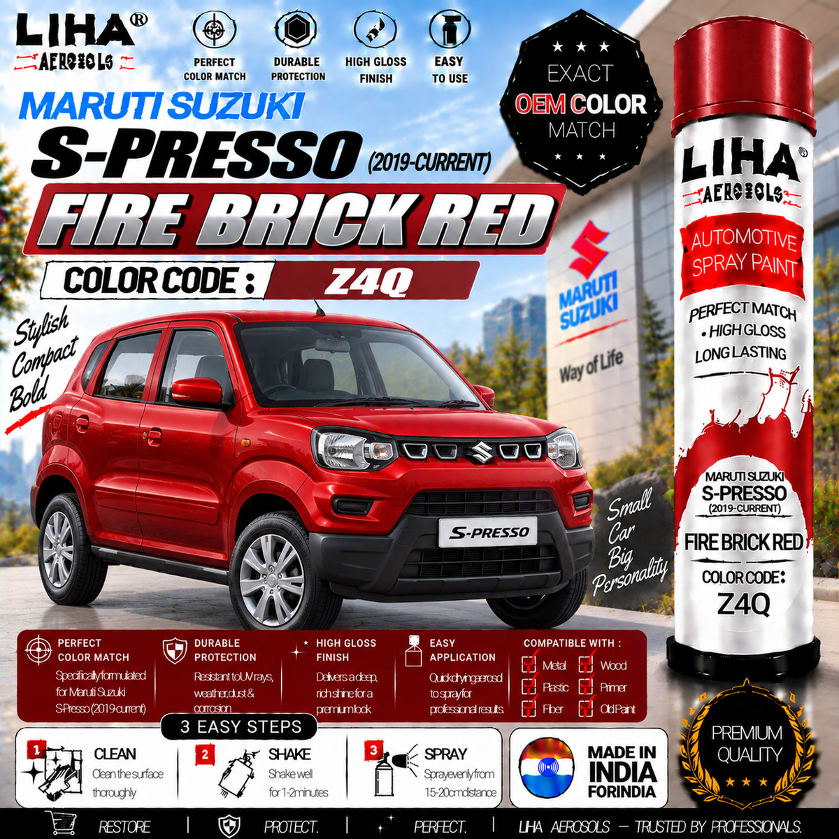 Maruti Suzuki S-Presso Fire Brick Red Touch Up Spray Paint – OEM Color Match | LIHA Aerosols 500ml
