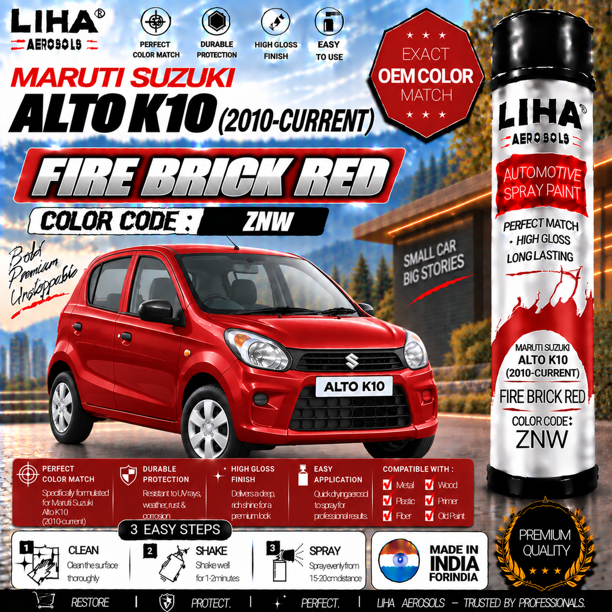 Maruti Suzuki Alto K10 Fire Brick Red Touch Up Spray Paint – OEM Color Match | LIHA Aerosols 500ml