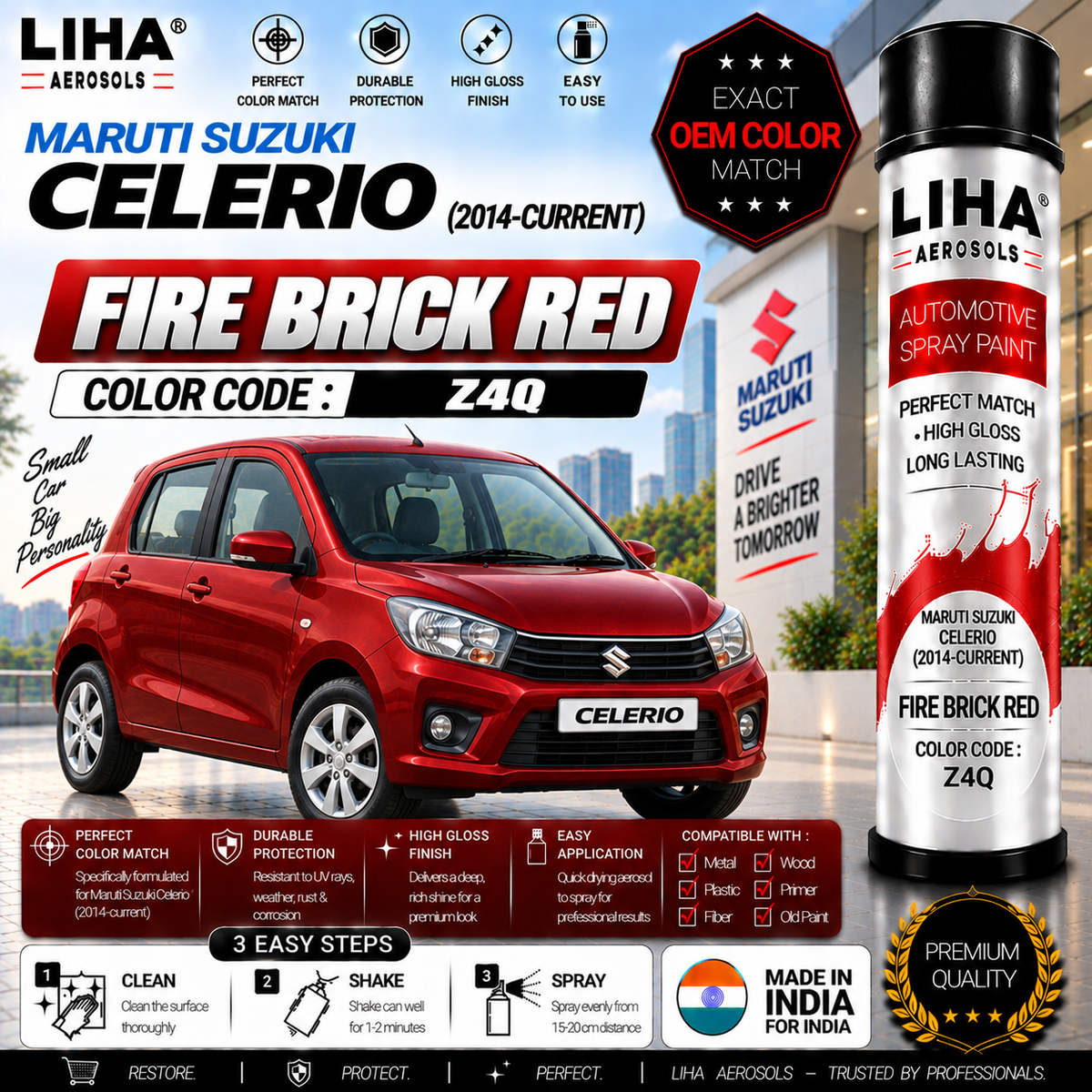 Maruti Suzuki Celerio Fire Brick Red Touch Up Spray Paint – OEM Color Match | LIHA Aerosols 500ml