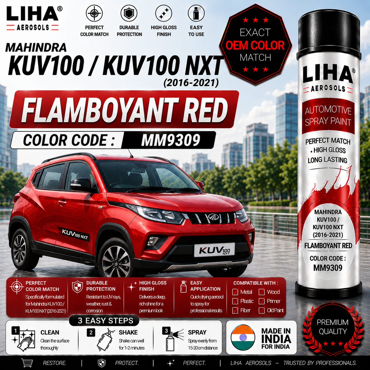 Mahindra KUV100 / KUV100 NXT Flamboyant Red Touch Up Spray Paint – OEM Color Match | LIHA Aerosols 500ml