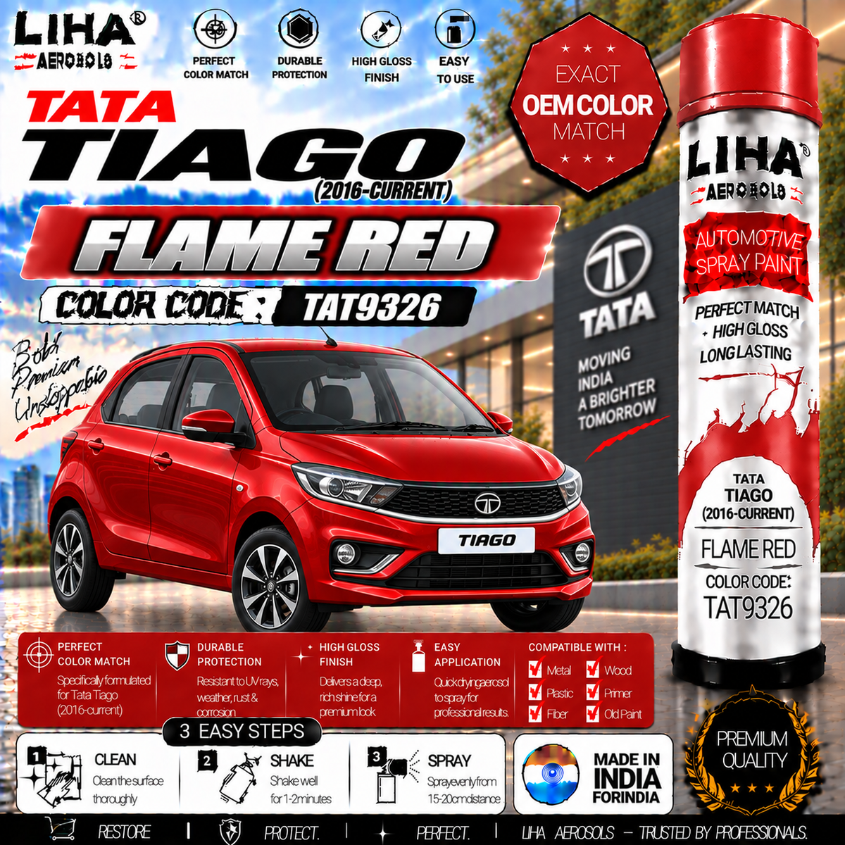 Tata Tiago Flame Red Touch Up Spray Paint – OEM Color Match | LIHA Aerosols 500ml