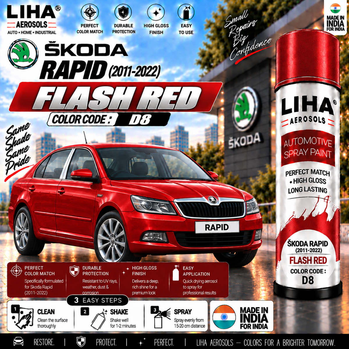 Skoda Rapid Flash Red Touch Up Spray Paint – OEM Color Match | LIHA Aerosols 500ml