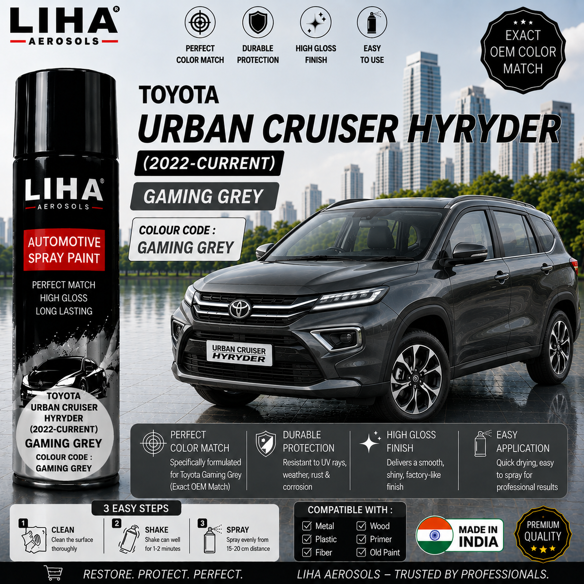 Toyota Urban Cruiser Hyryder Gaming Grey Touch Up Spray Paint – OEM Color Match | LIHA Aerosols 500ml